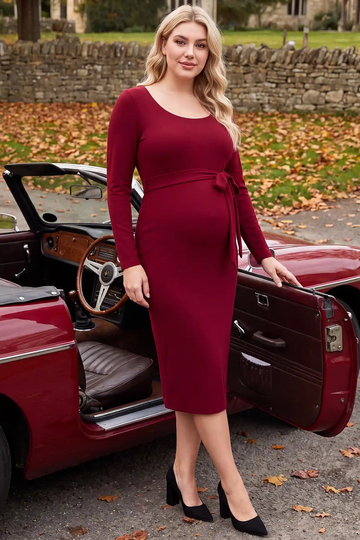 Square Neck Side-Tie Maternity Midi Dress