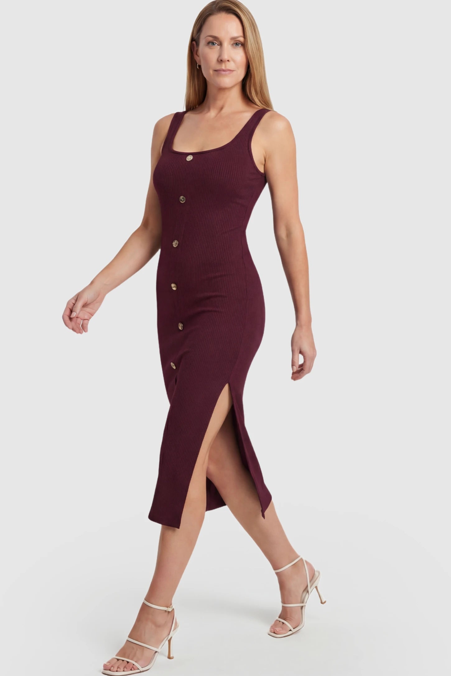 Ribbed Button Accent Side Slit Maternity Midi Dress Ribbed Button Accent Side Slit Maternity Midi Dress in Burgundy featuring a flexible knit and decorative buttons on a postpartum model.