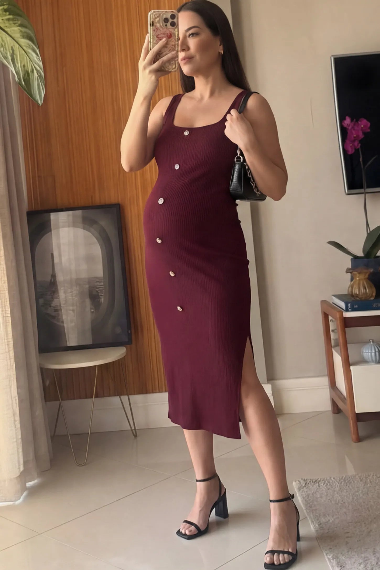 Ribbed Button Accent Side Slit Maternity Midi Dress Ribbed Button Accent Side Slit Maternity Midi Dress in Burgundy featuring a flexible knit and decorative buttons on a pregnant model.