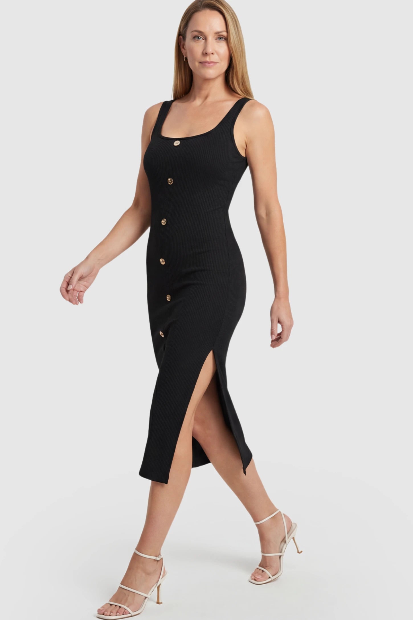 Ribbed Button Accent Side Slit Maternity Midi Dress Ribbed Button Accent Side Slit Maternity Midi Dress in Black featuring a flexible knit and decorative buttons on a postpartum model.