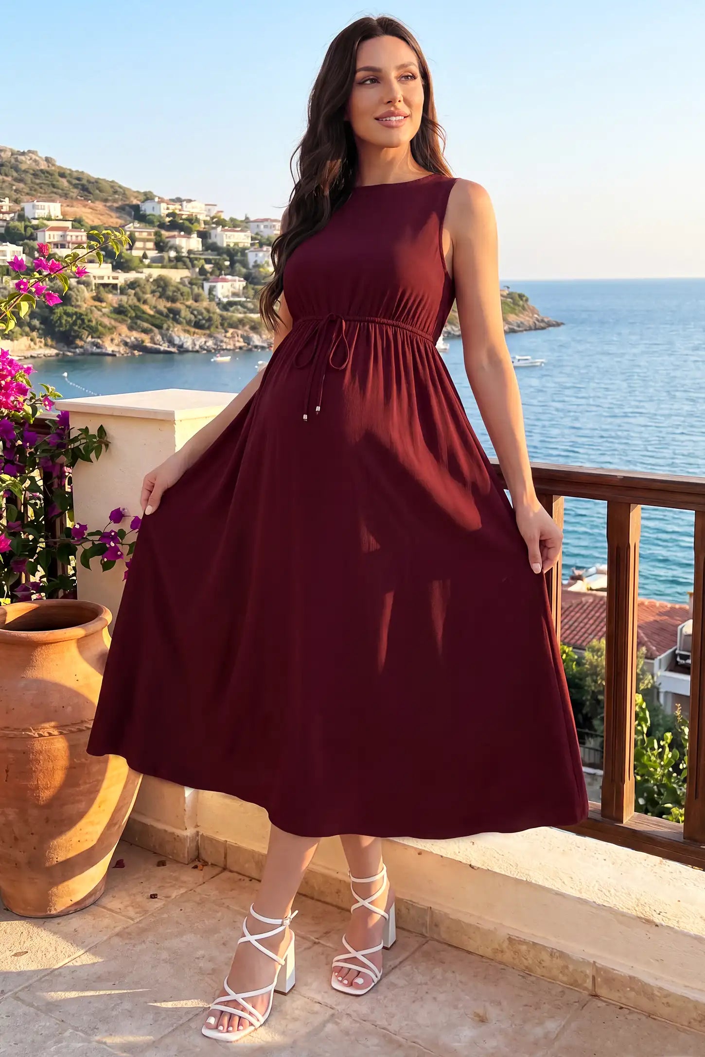Drawstring Waist Sleeveless Full Skirt Maternity Skater Dress