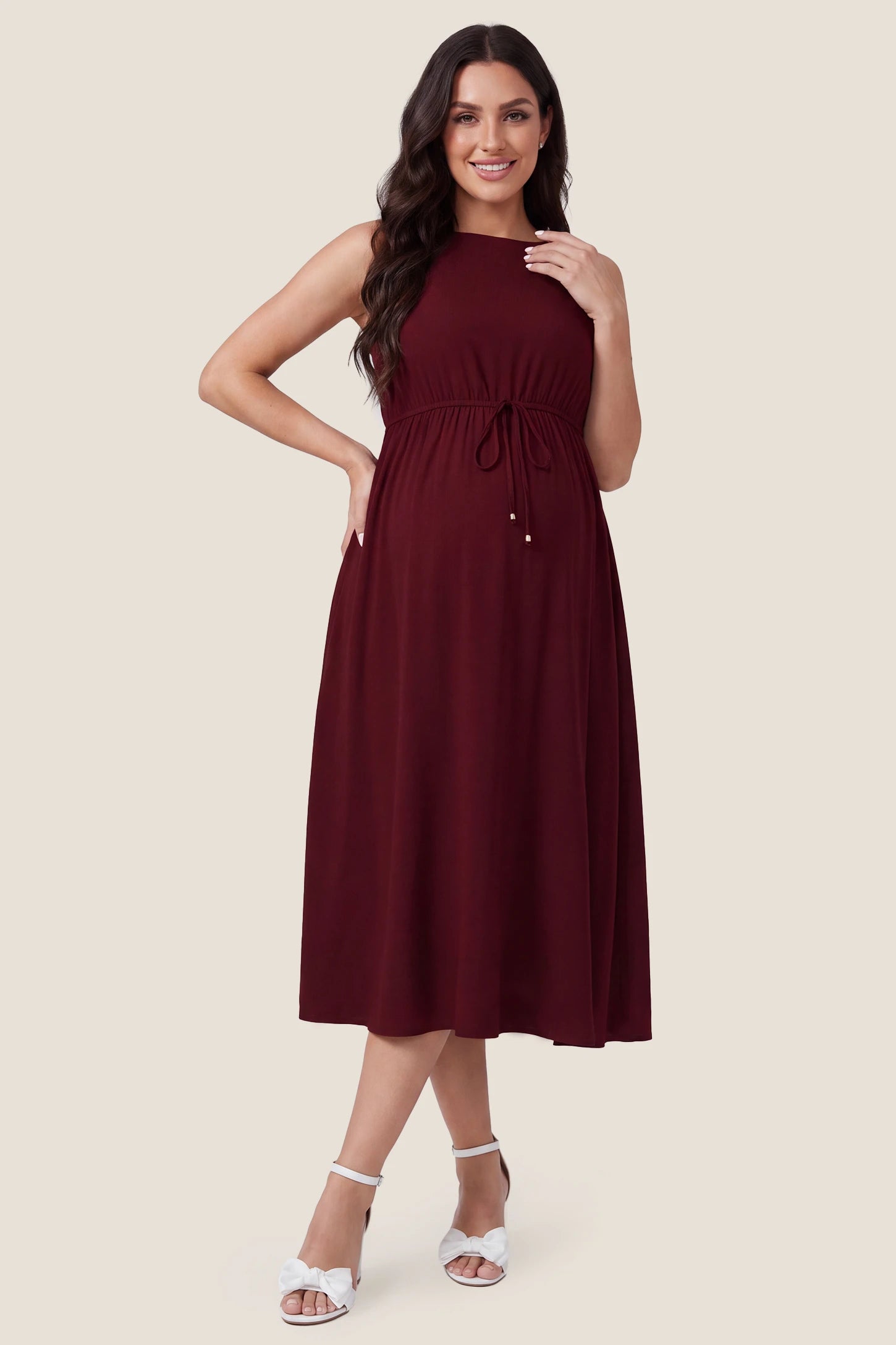 Drawstring Waist Sleeveless Full Skirt Maternity Skater Dress