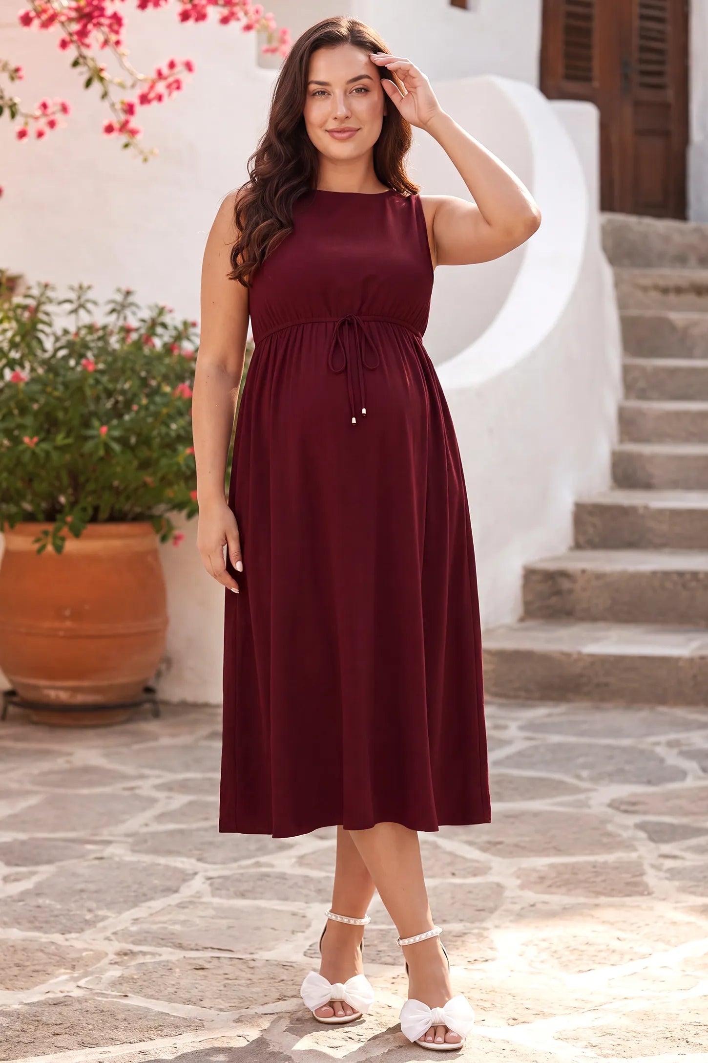 Drawstring Waist Sleeveless Full Skirt Maternity Skater Dress