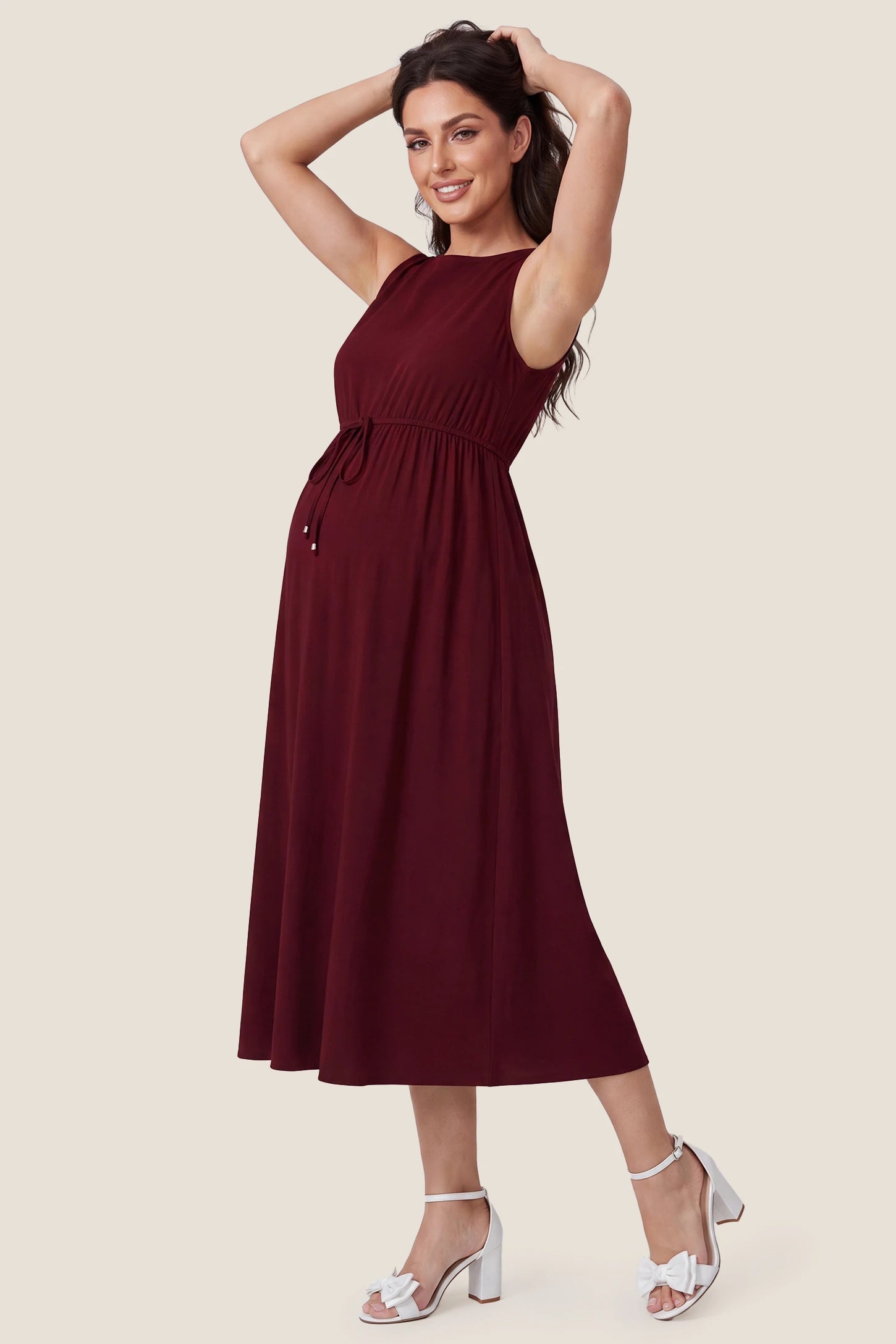 Drawstring Waist Sleeveless Full Skirt Maternity Skater Dress