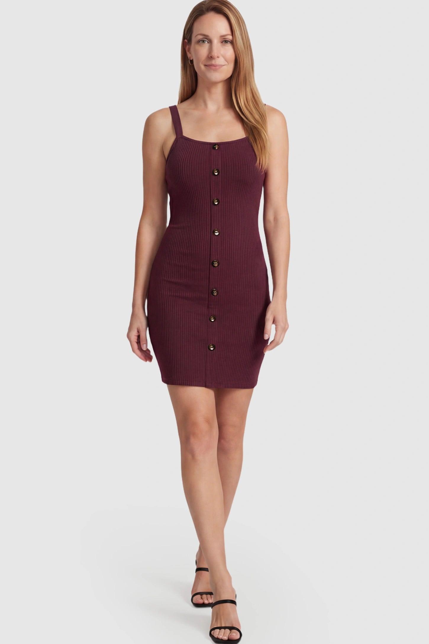 Ribbed Button Down Bodycon Maternity Short Dress Ribbed Button-Down Bodycon Maternity Short Dress in Burgundy featuring a classic button-front placket on a postpartum model.