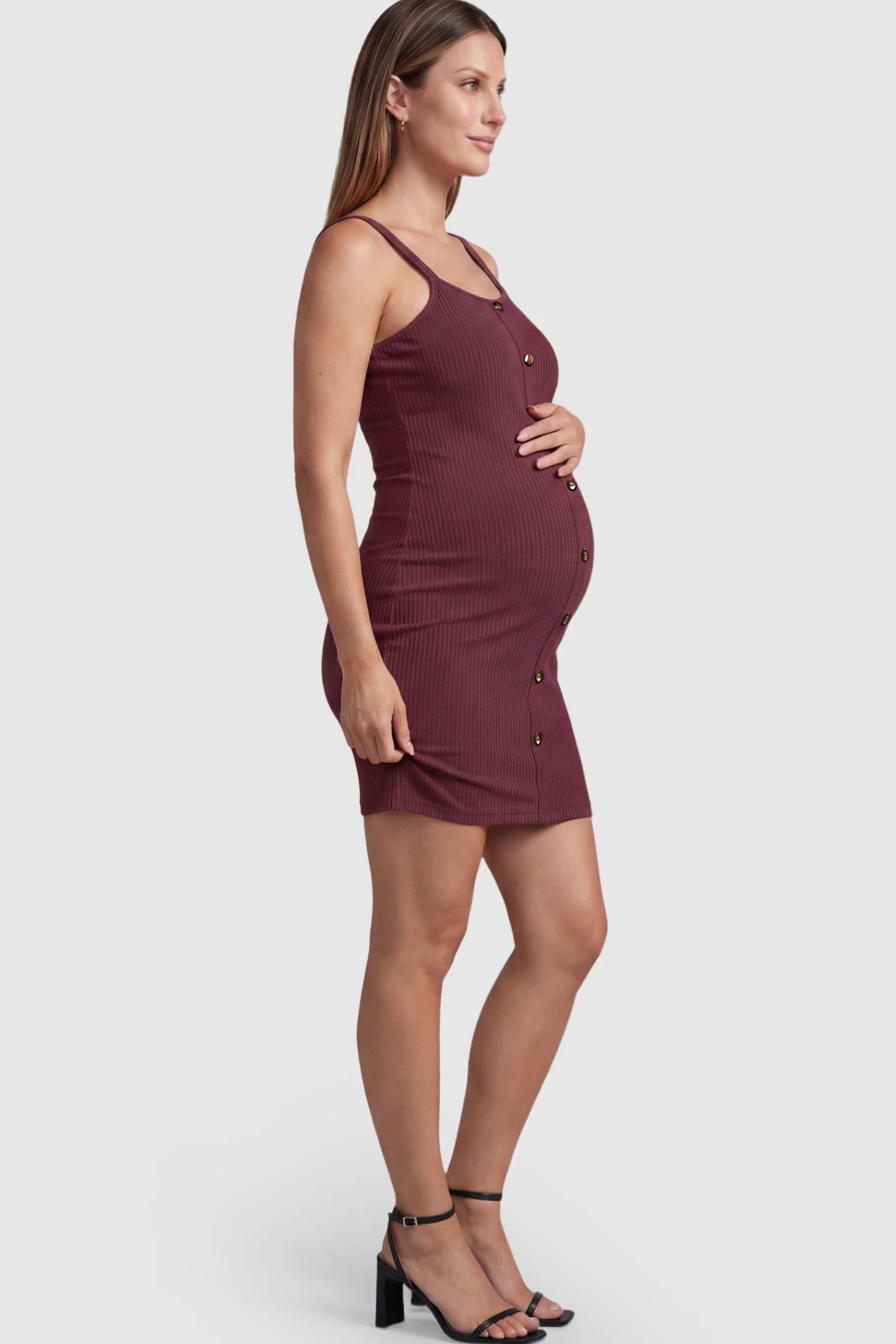 Ribbed Button-Down Bodycon Maternity Short Dress in Burgundy featuring a classic button-front placket on a pregnant model.