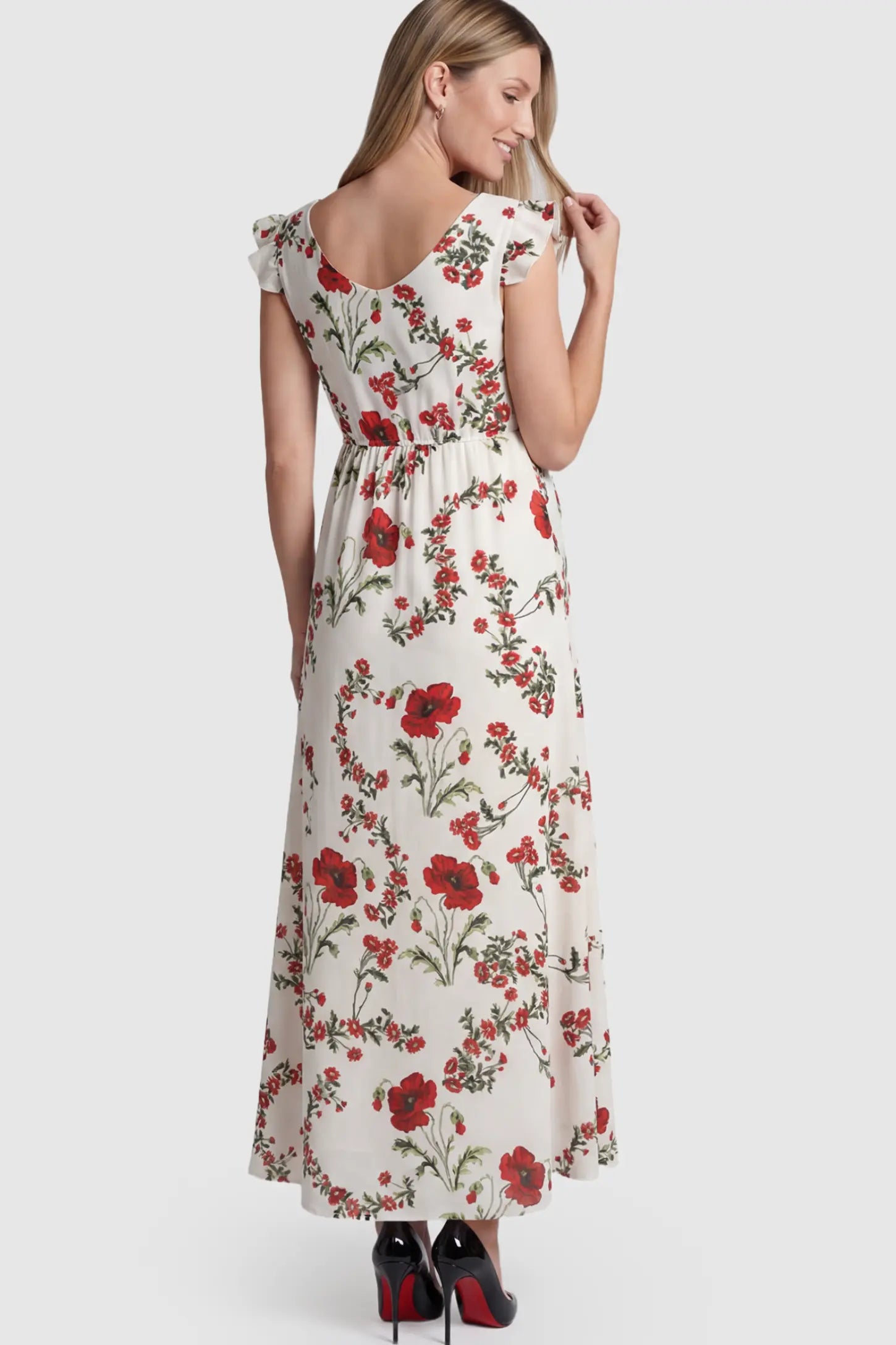 Floral Print Scoop Neck Maternity Maxi Dress Floral Print Scoop Neck Maxi Maternity Dress in White with Red Poppy Prints on a pregnant model.