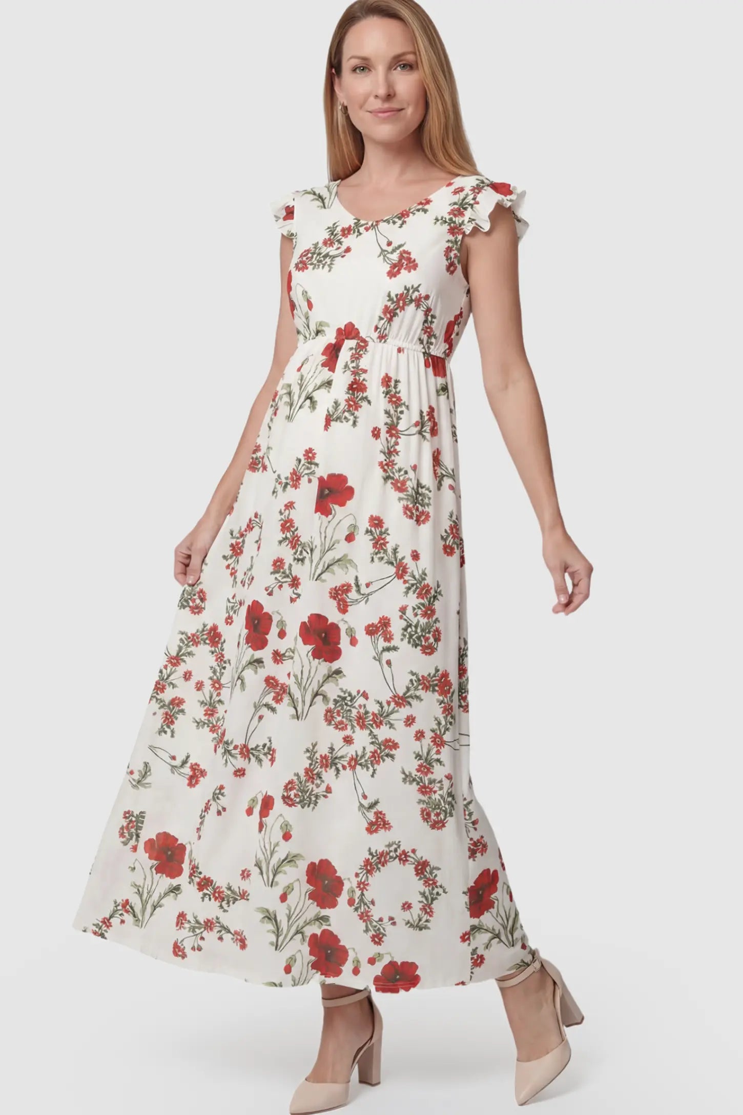 Floral Print Scoop Neck Maternity Maxi Dress Floral Print Scoop Neck Maxi Maternity Dress in White with Red Poppy Prints featuring ruffle sleeves on a postpartum model.