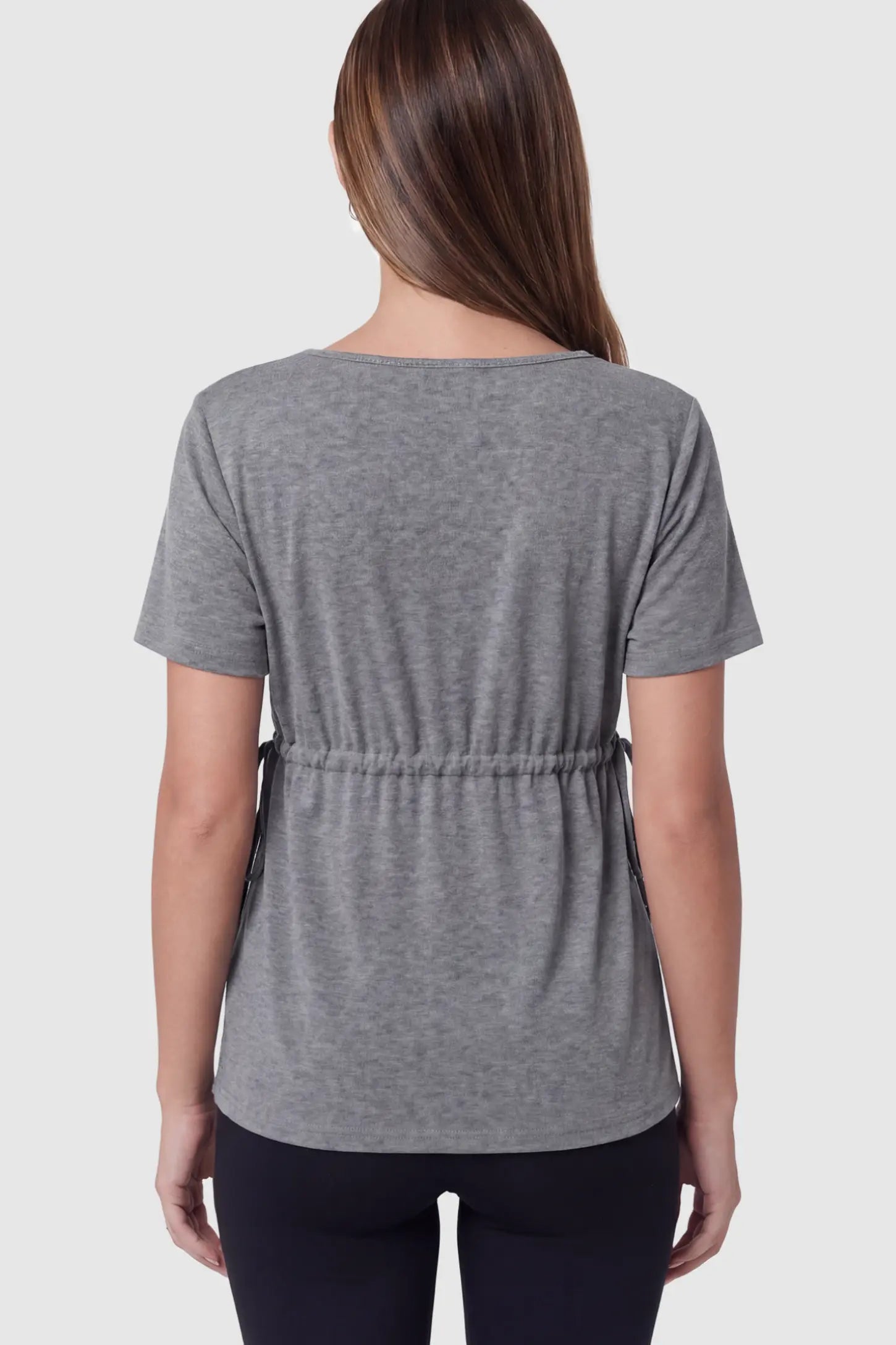 Cinched Waist Short Sleeve Maternity Tunic Top Cinched Waist Short Sleeve Maternity Tunic in Gray featuring a lightweight, stretchy fabric on a pregnant model in back view.