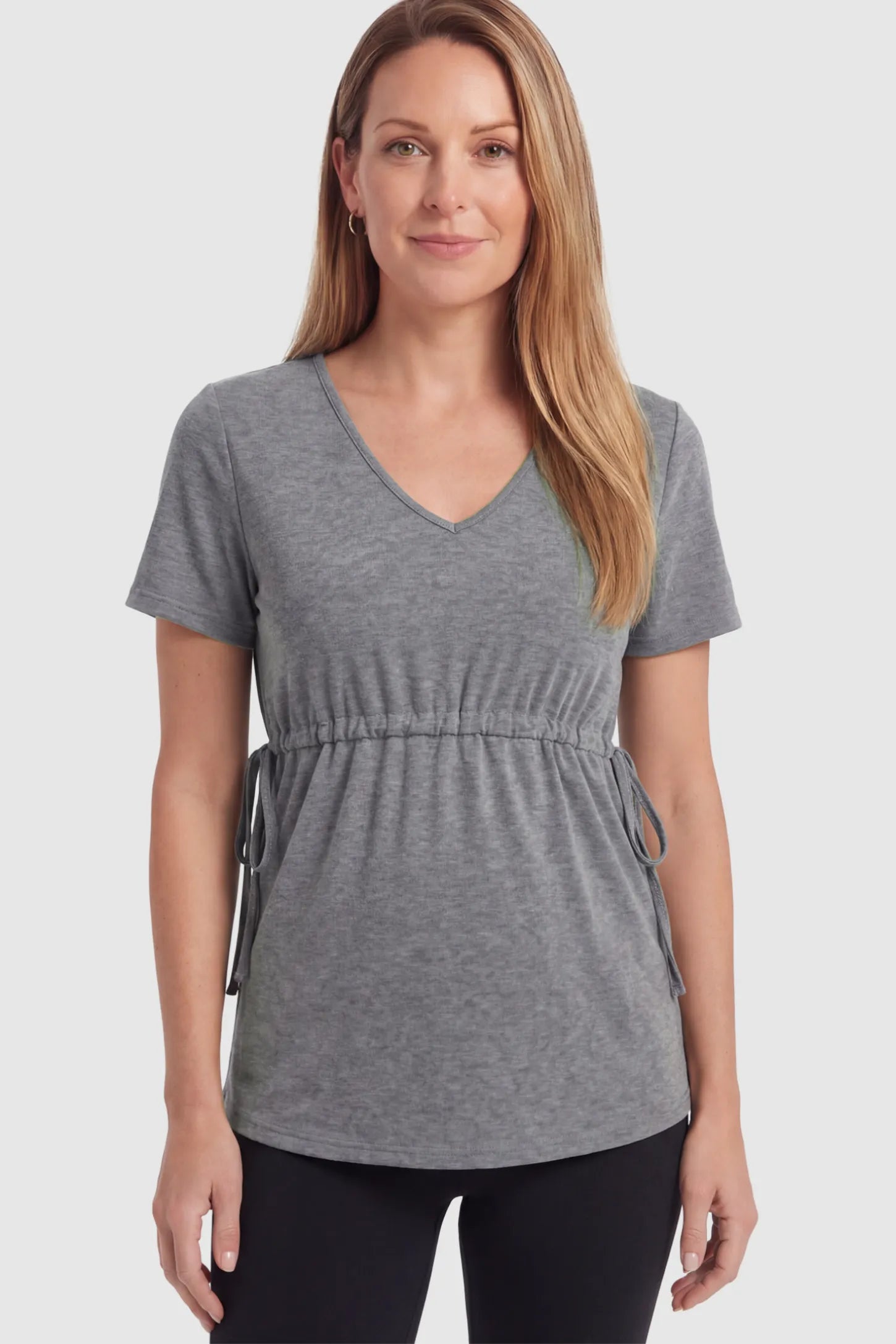 Cinched Waist Short Sleeve Maternity Tunic Top Cinched Waist Short Sleeve Maternity Tunic in Gray featuring a versatile, curve-hugging fit on a postpartum model in front view.