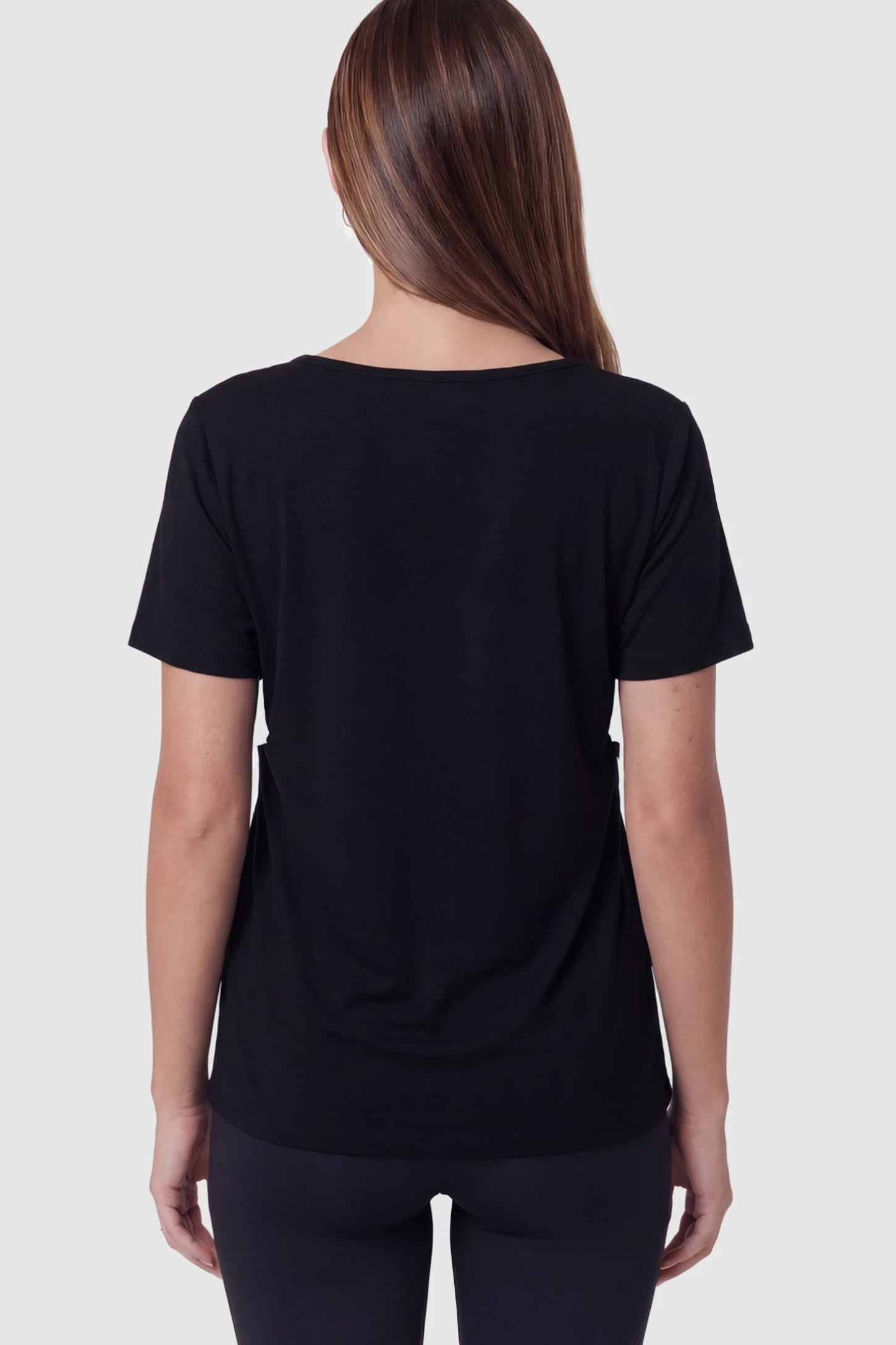 Cinched Waist Short Sleeve Maternity Tunic Top Cinched Waist Short Sleeve Maternity Tunic in Black featuring a flattering empire waist on a pregnant model back view.