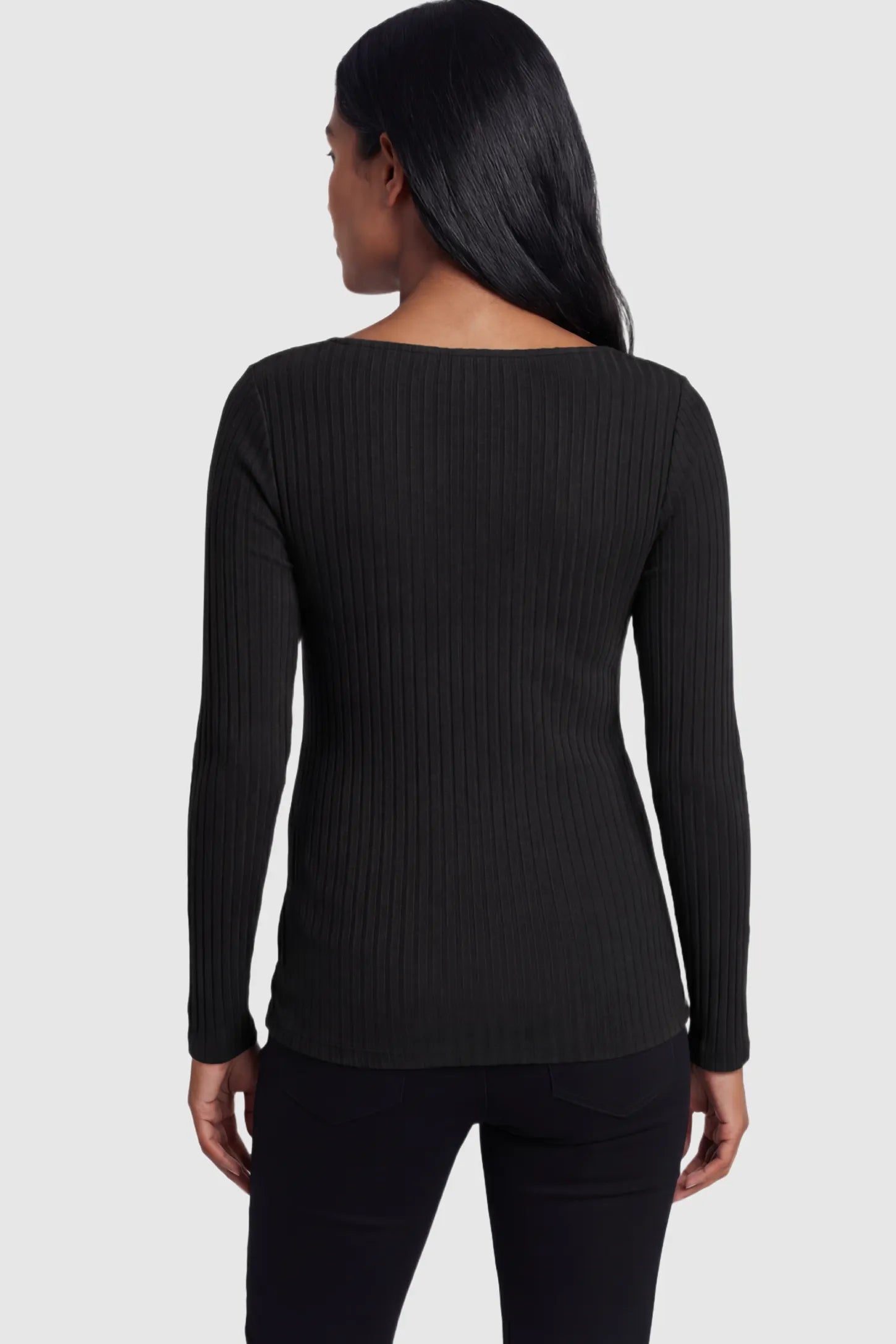 Ribbed Tie-Front Long Sleeve Maternity Top Ribbed Tie-Front Long Sleeve Maternity Top in Black featuring a flexible ribbed knit on a pregnant model.