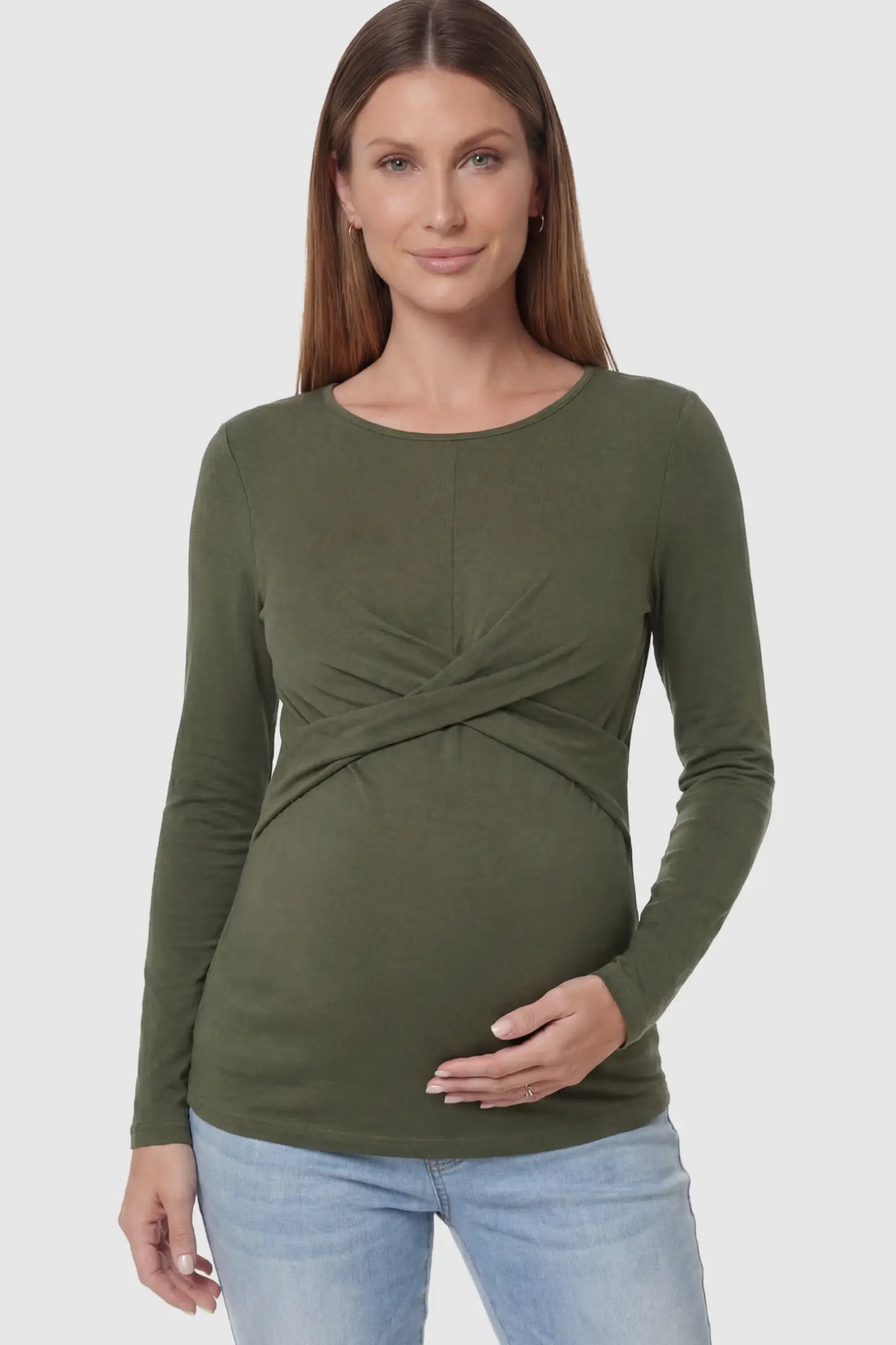 Cross Front Long Sleeve Maternity Top Cross Front Long Sleeve Maternity Top in Olive Green featuring a crossover waist detail on a pregnant model.