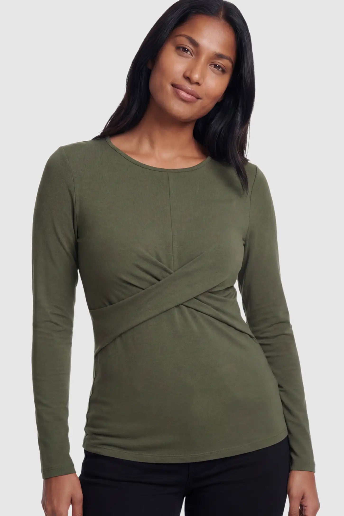 Cross Front Long Sleeve Maternity Top Cross Front Long Sleeve Maternity Top in Olive Green featuring a crossover waist detail on a non pregnant model.