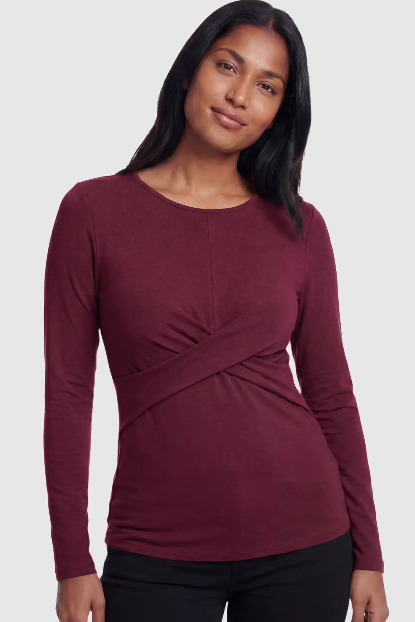 Cross Front Long Sleeve Maternity Top Cross Front Long Sleeve Maternity Top in Dark Purple featuring a crossover waist detail on a non pregnant model.