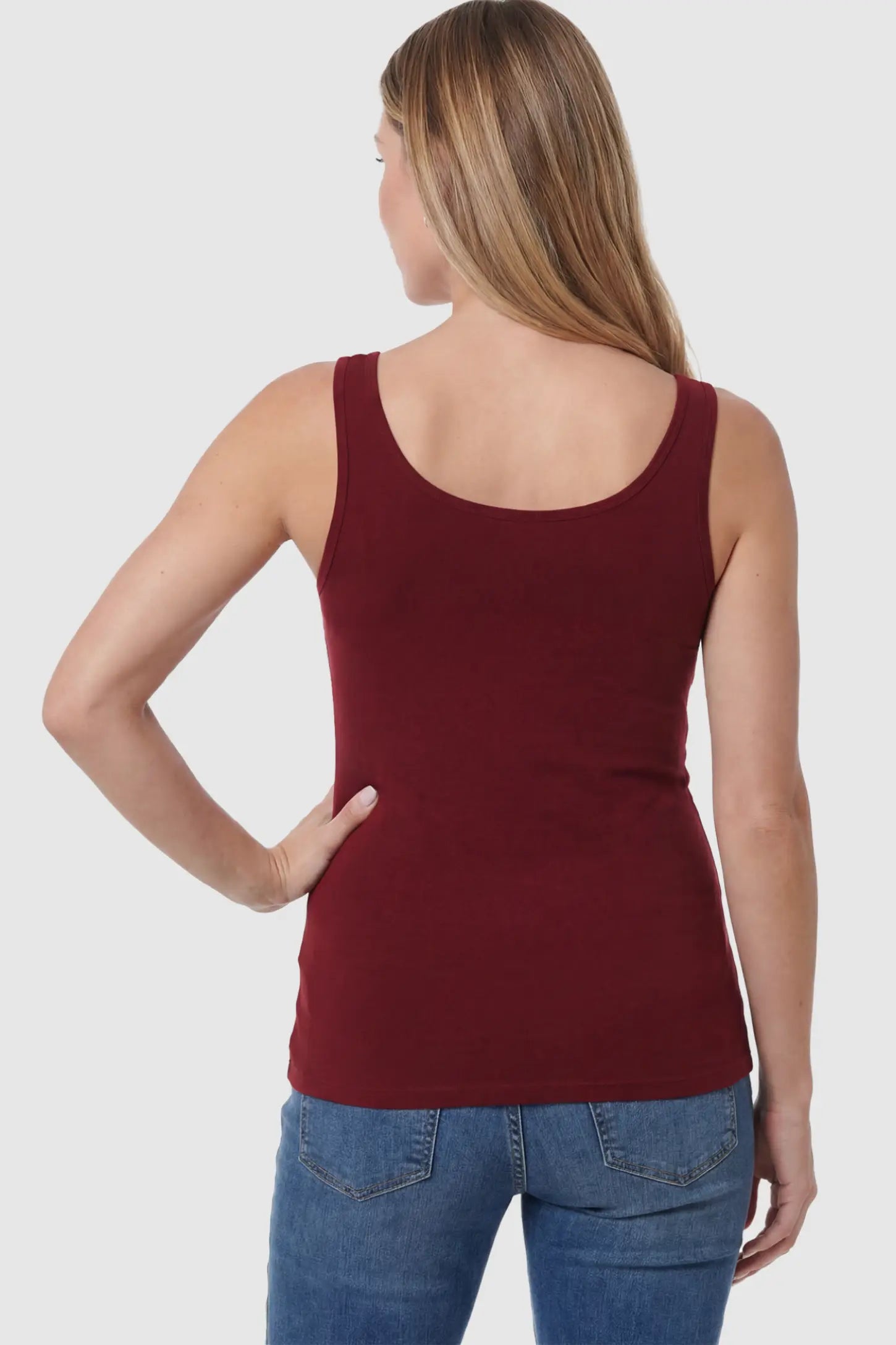 Basic Maternity & Nursing Tank Top Solid Scoop Neck Maternity & Nursing Tank Top in Burgundy on a model.