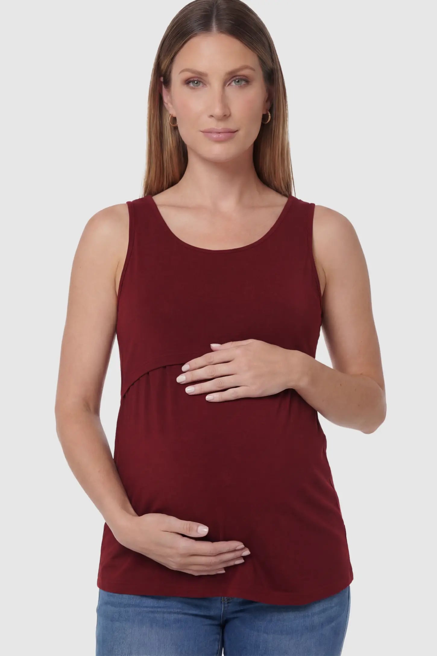 Basic Maternity & Nursing Tank Top Solid Scoop Neck Maternity & Nursing Tank Top in Burgundy featuring a double-layer lift-up nursing access on a model.