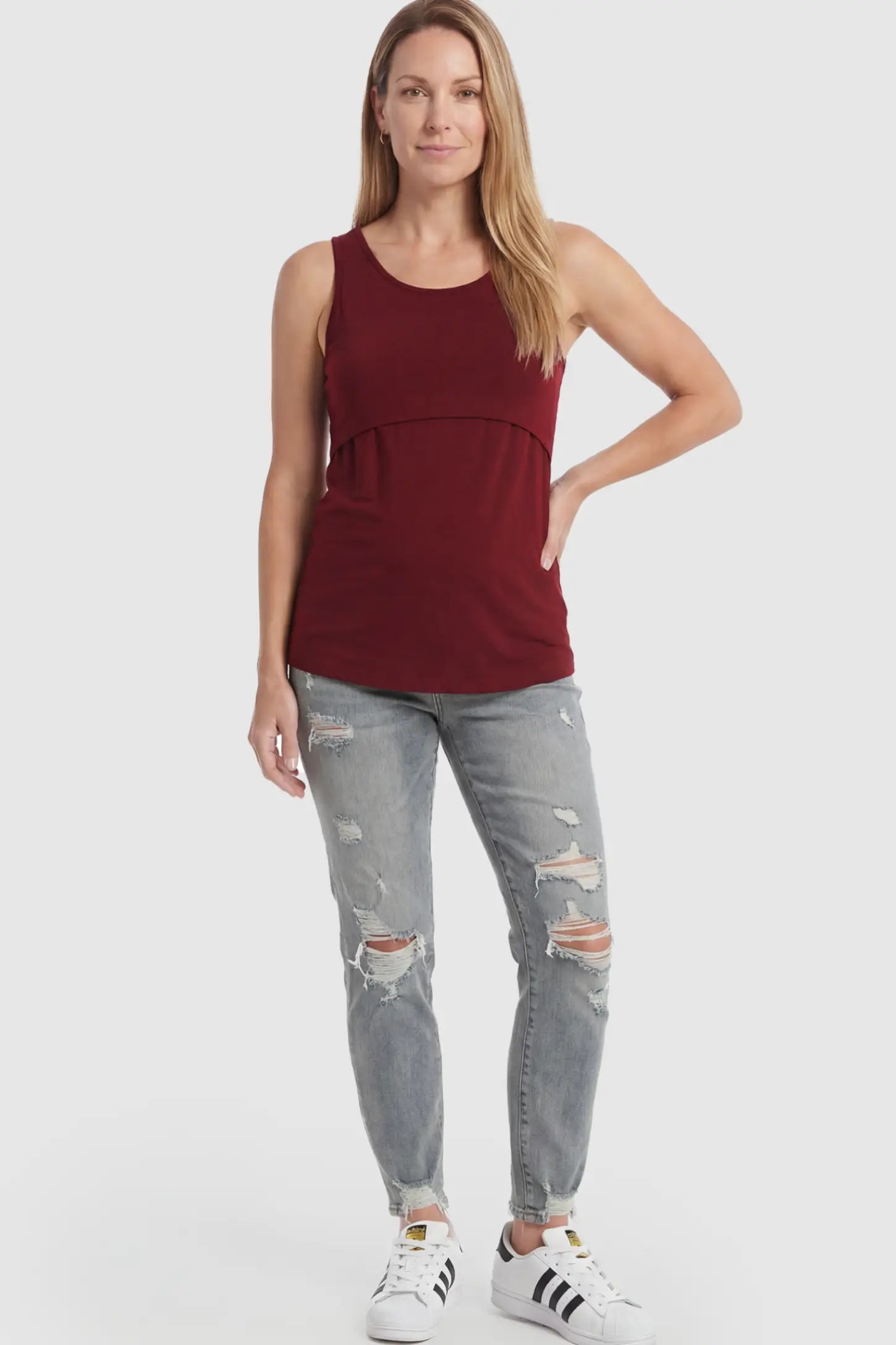 Basic Maternity & Nursing Tank Top Solid Scoop Neck Maternity & Nursing Tank Top in Burgundy featuring a double-layer lift-up nursing access on a model.