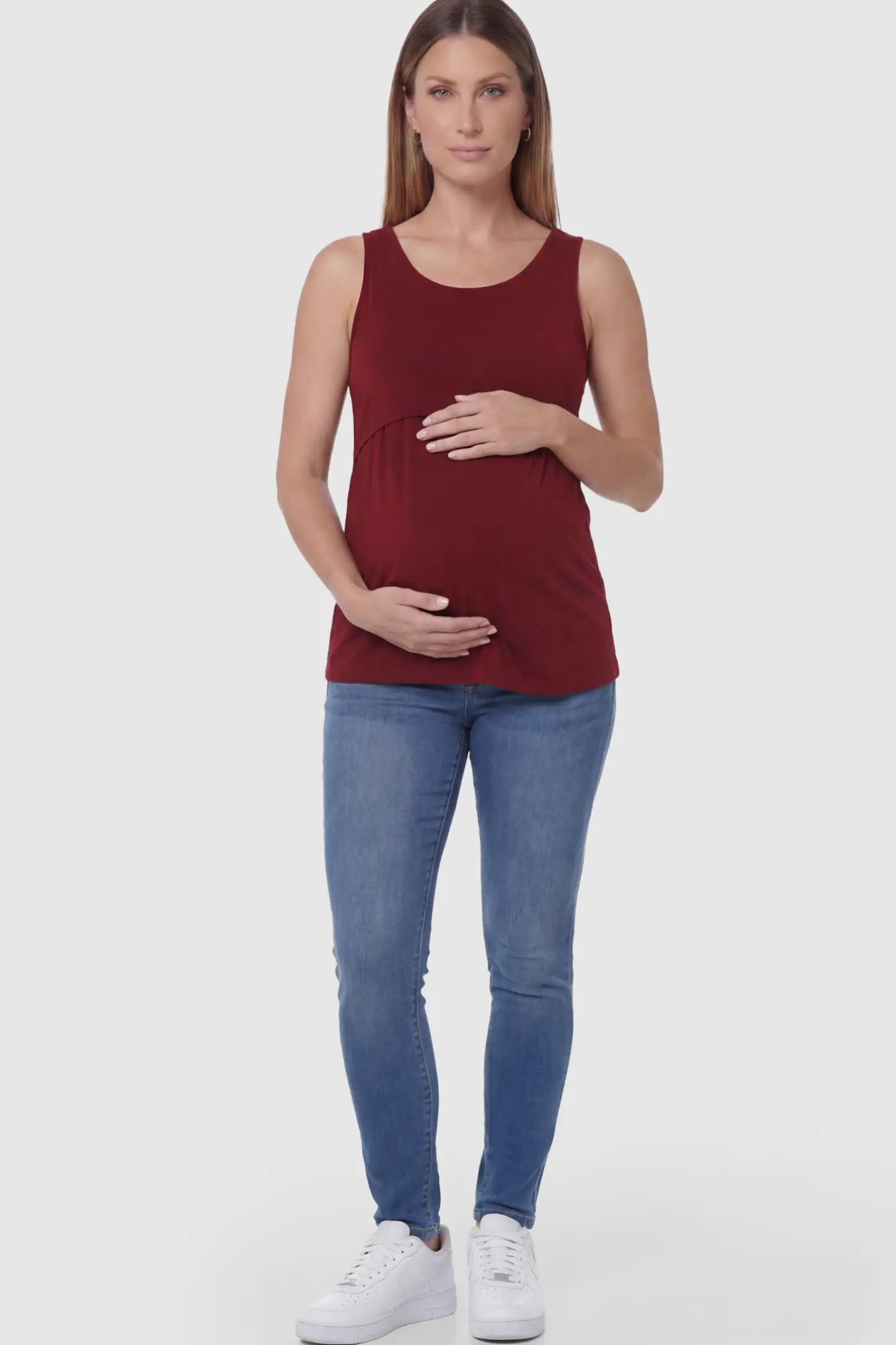 Basic Maternity & Nursing Tank Top Solid Scoop Neck Maternity & Nursing Tank Top in Burgundy featuring a double-layer lift-up nursing access on a model.