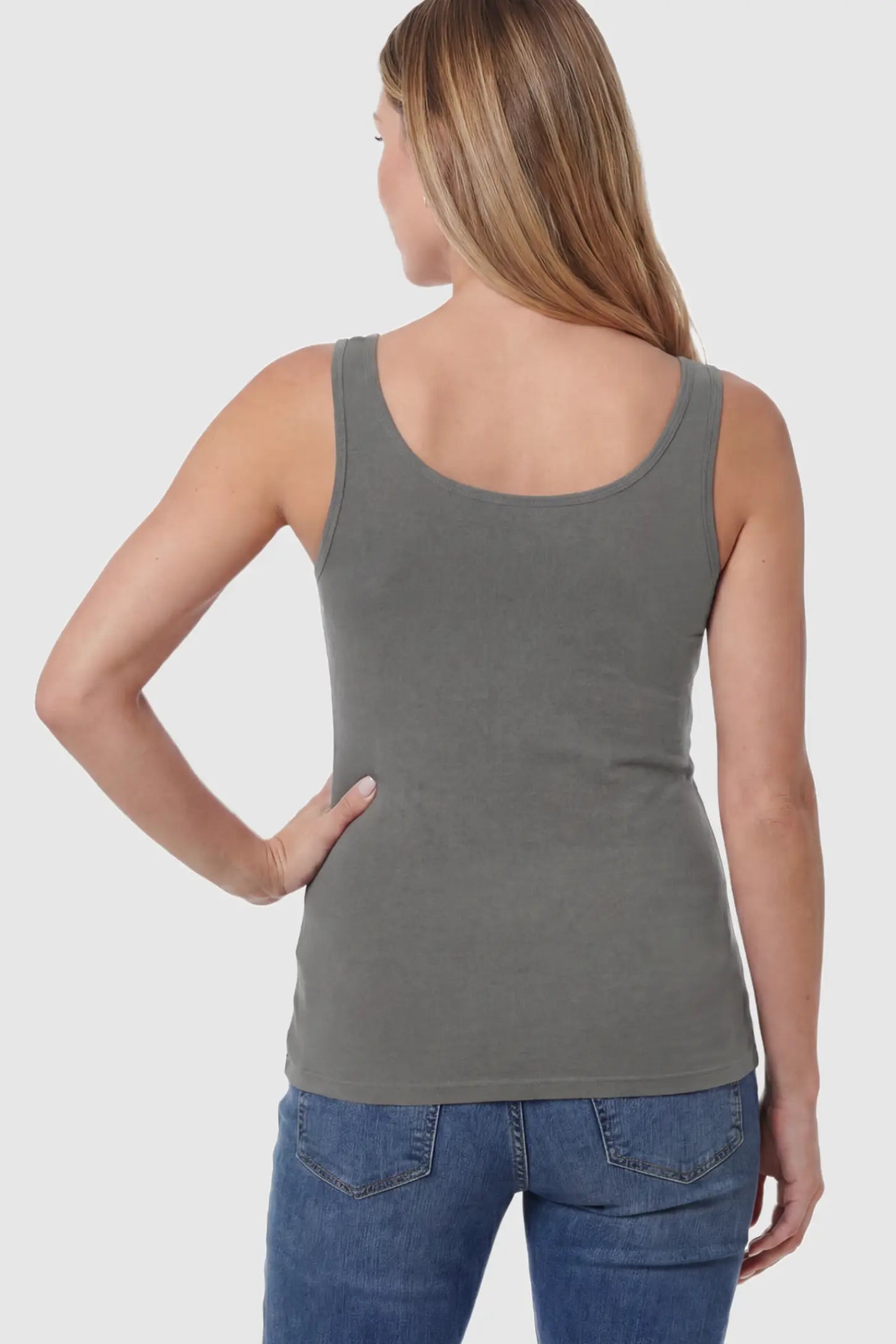 Basic Maternity & Nursing Tank Top Solid Scoop Neck Maternity & Nursing Tank Top in Gray featuring a double-layer lift-up nursing access on a model.