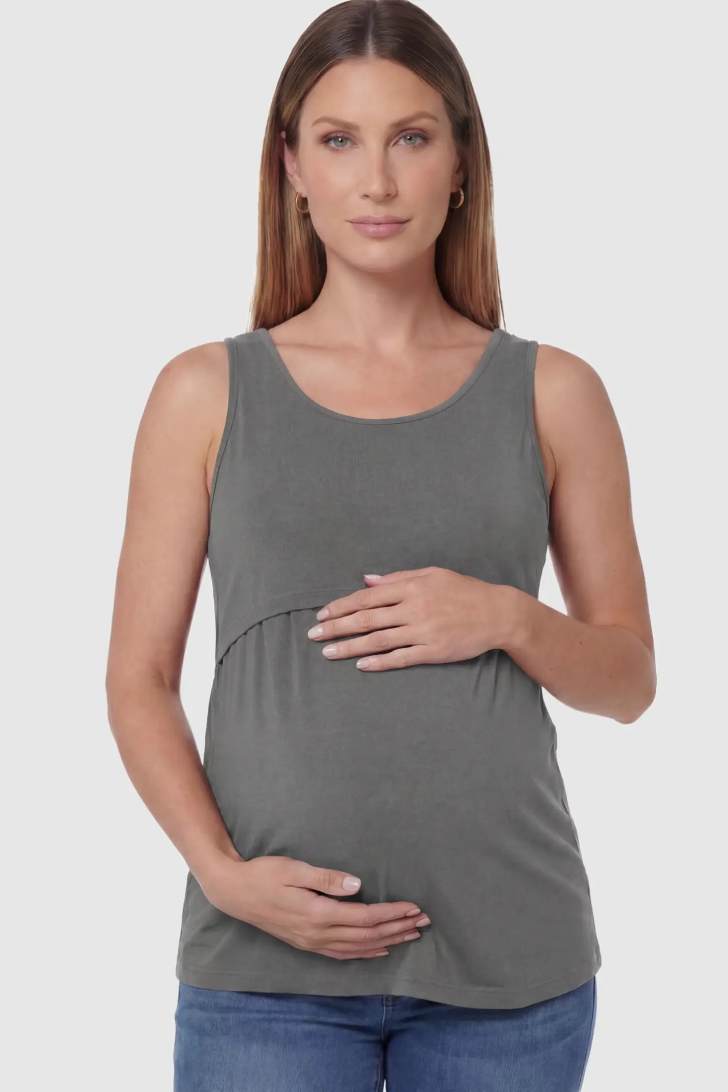 Basic Maternity & Nursing Tank Top Solid Scoop Neck Maternity & Nursing Tank Top in Gray featuring a double-layer lift-up nursing access on a model.