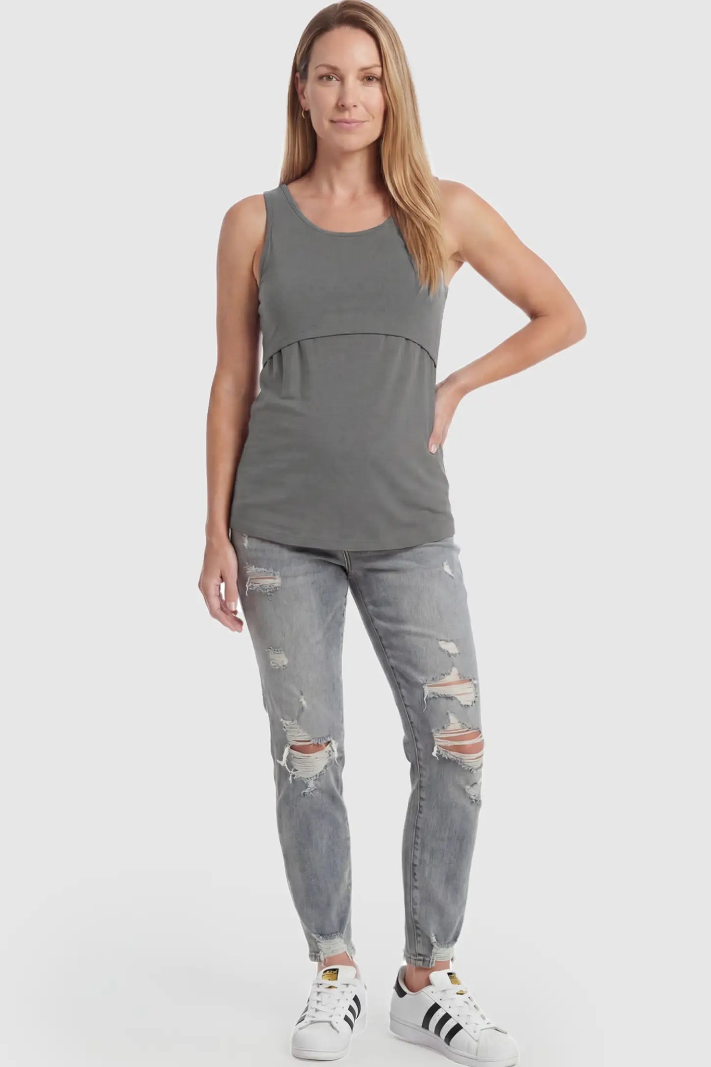 Basic Maternity & Nursing Tank Top Solid Scoop Neck Maternity & Nursing Tank Top in Gray featuring a double-layer lift-up nursing access on a model.
