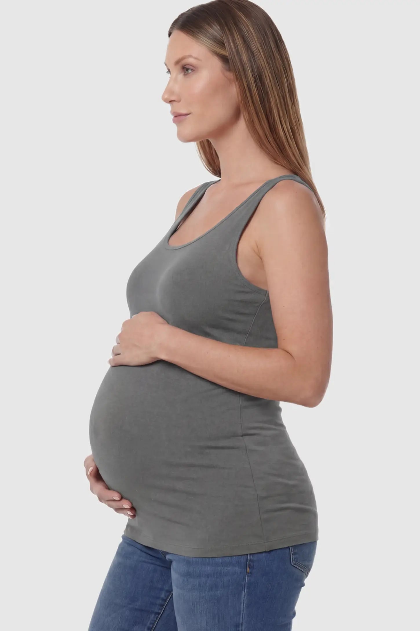Basic Maternity & Nursing Tank Top Solid Scoop Neck Maternity & Nursing Tank Top in Gray on a model.
