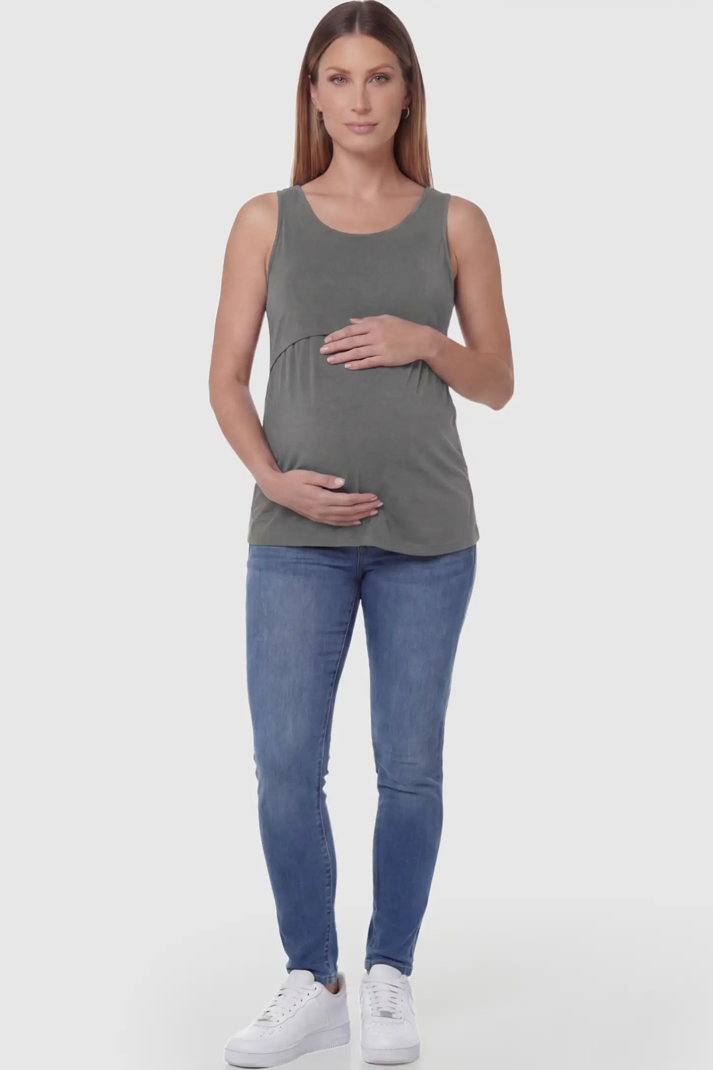 Basic Maternity & Nursing Tank Top Solid Scoop Neck Maternity & Nursing Tank Top in Gray featuring a double-layer lift-up nursing access on a model.