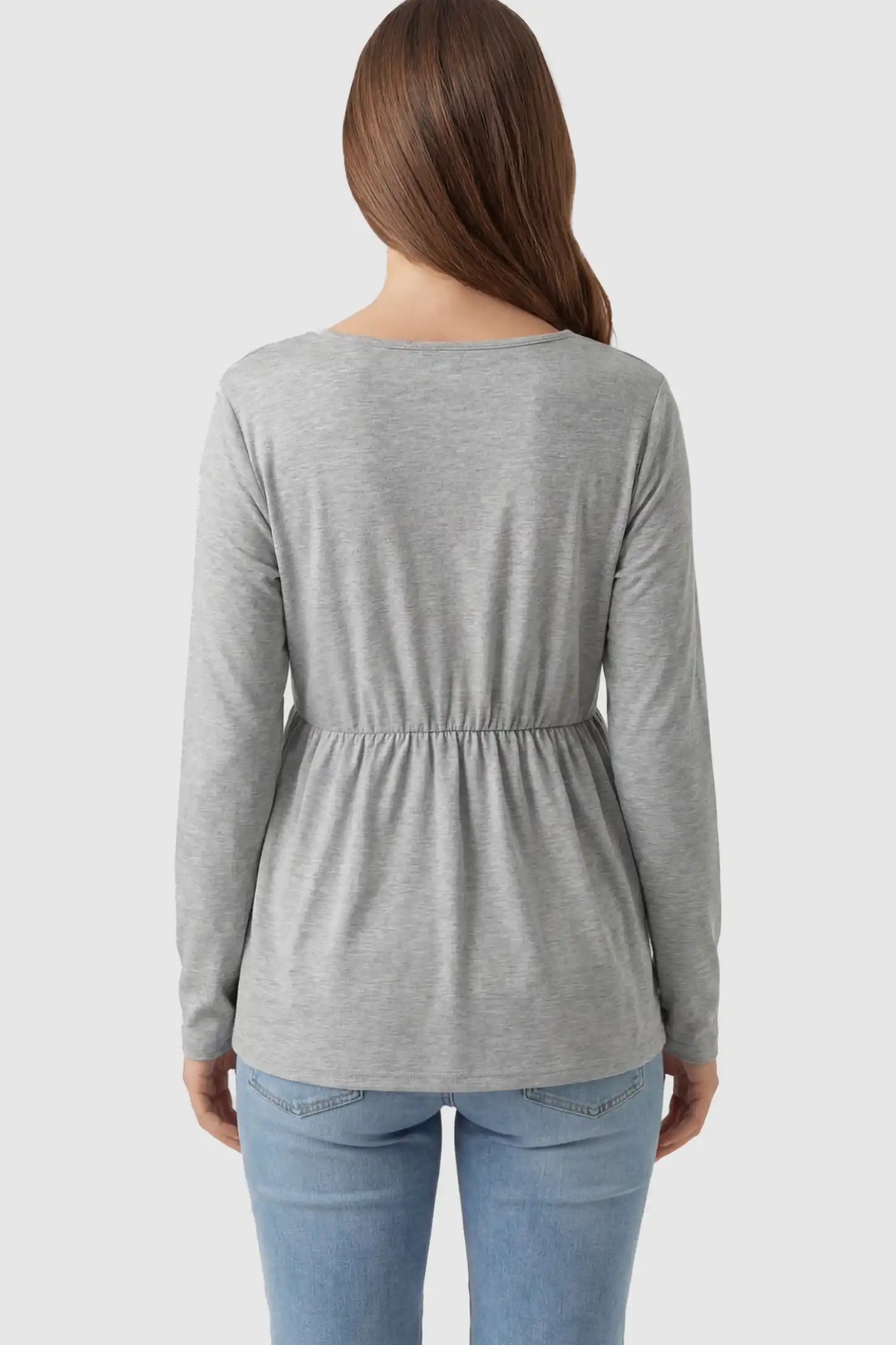 Leopard Print Block Long Sleeve Maternity & Nursing Top Leopard Print Block Maternity & Nursing Top in gray on a pregnant model.