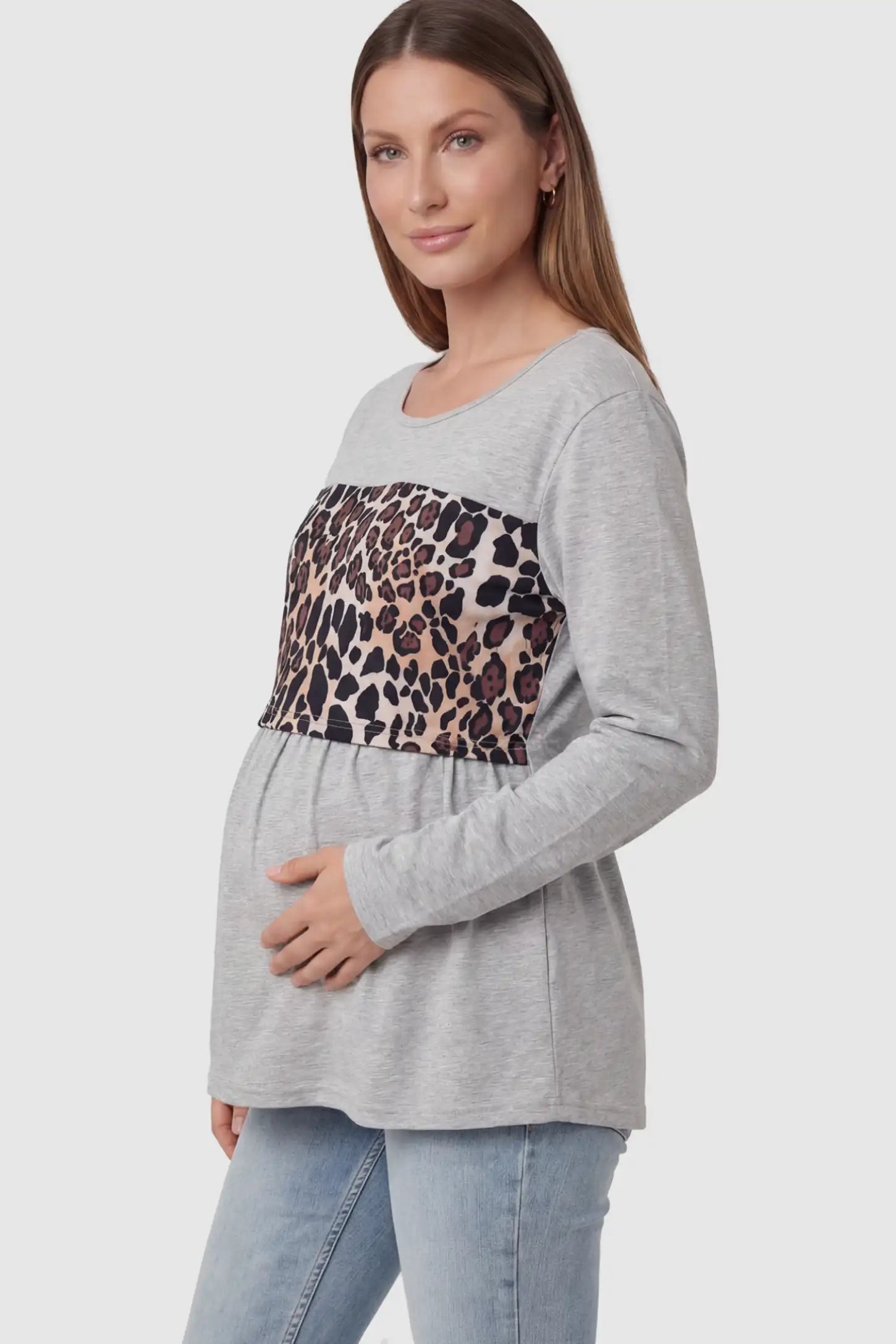 Leopard Print Block Maternity & Nursing Top in gray featuring a lift-up nursing panel on a pregnant model.