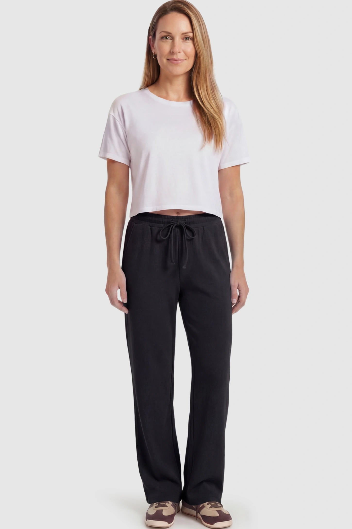 Drawstring Waffle Knit Wide Leg Maternity Lounge Pants Drawstring Waffle Knit Wide Leg Maternity Casual Pants in Black featuring an adjustable waistband on a postpartum model.