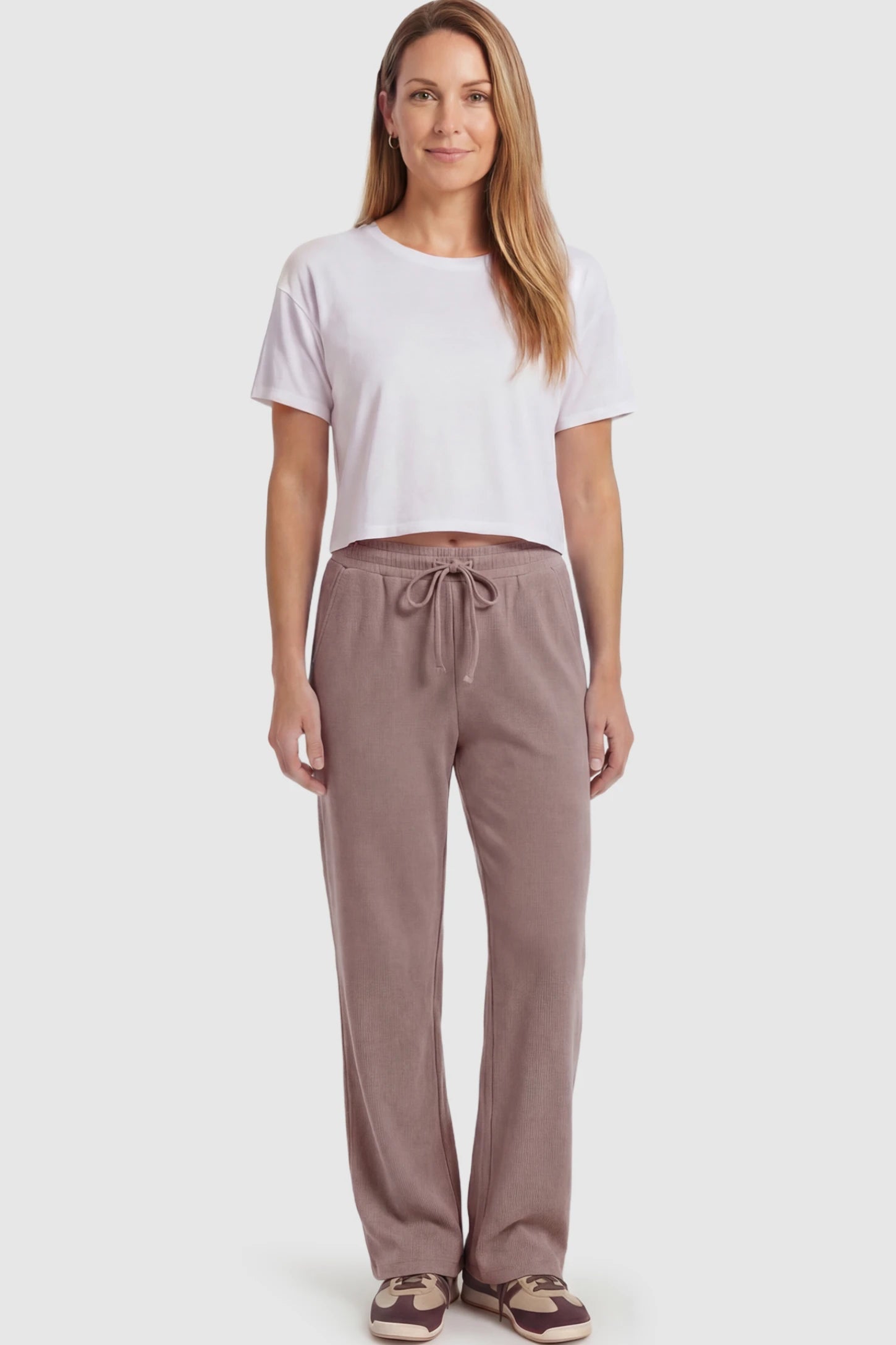 Drawstring Waffle Knit Wide Leg Maternity Lounge Pants Drawstring Waffle Knit Wide Leg Maternity Casual Pants in Brown featuring an adjustable waistband on a postpartum model.