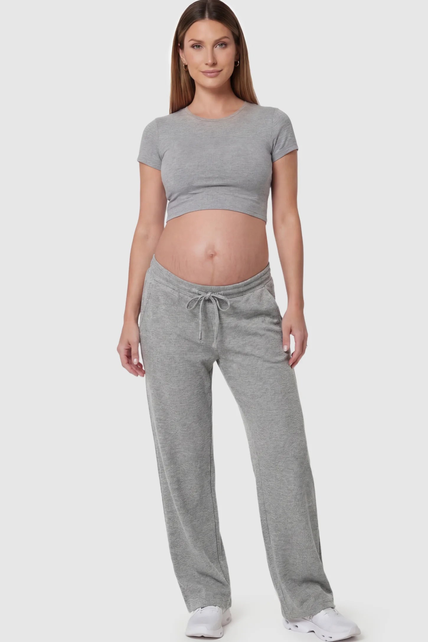 Drawstring Waffle Knit Wide Leg Maternity Casual Pants in Gray featuring an adjustable waistband on a pregnant model.
