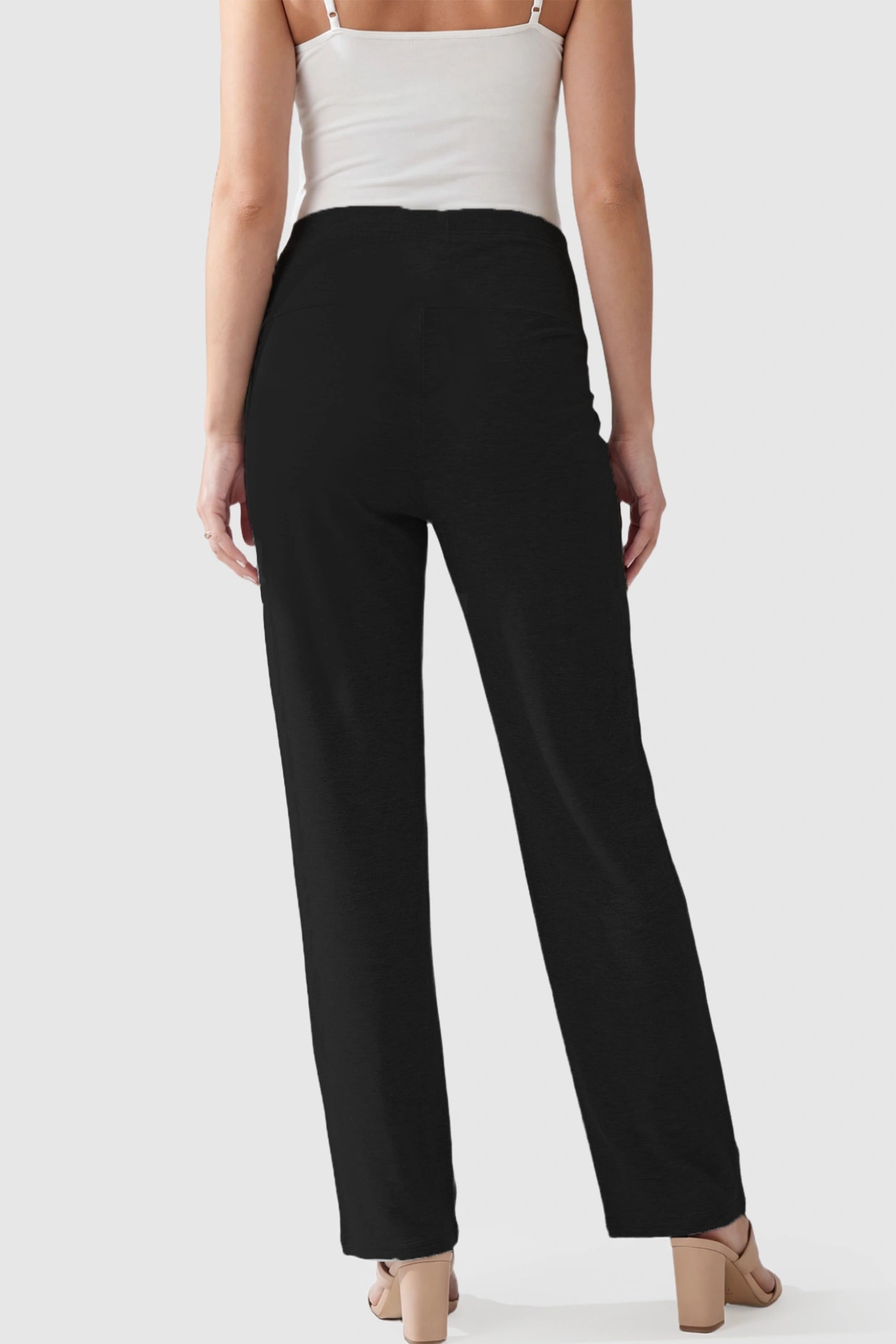 Full Panel High Waist Wide Leg Maternity Lounge Pants Full Panel High Waist Wide Leg Maternity Lounge Pants in Black on a pregnant model.