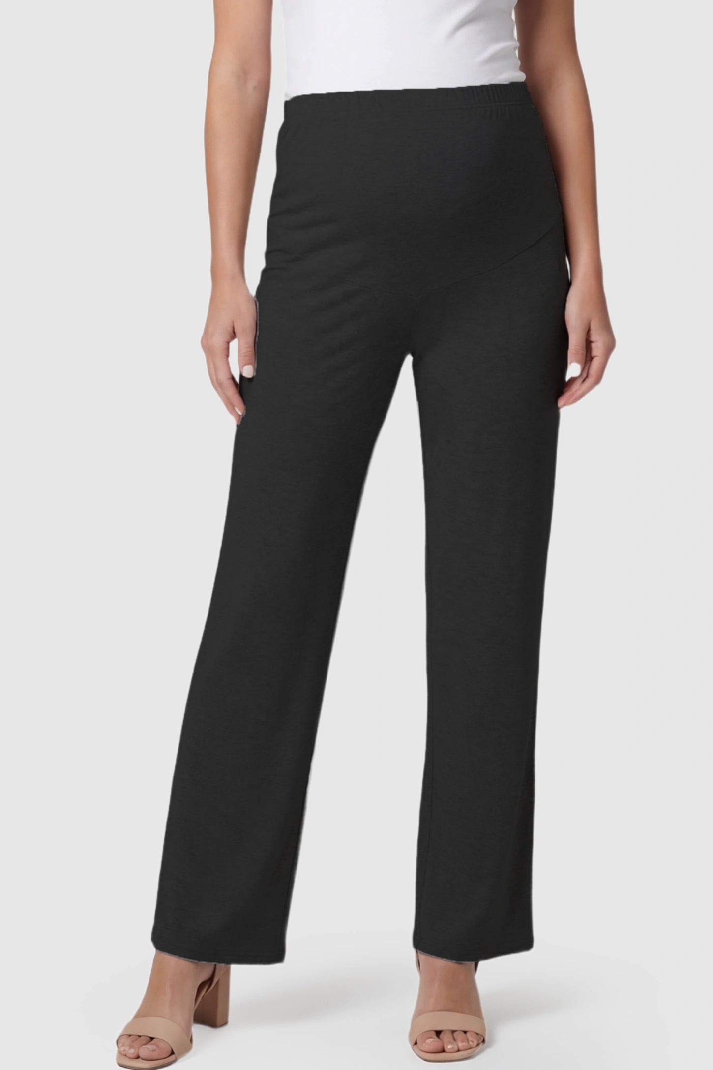 Full Panel High Waist Wide Leg Maternity Lounge Pants Full Panel High Waist Wide Leg Maternity Lounge Pants in Black featuring a High-elasticity waistband on a pregnant model.