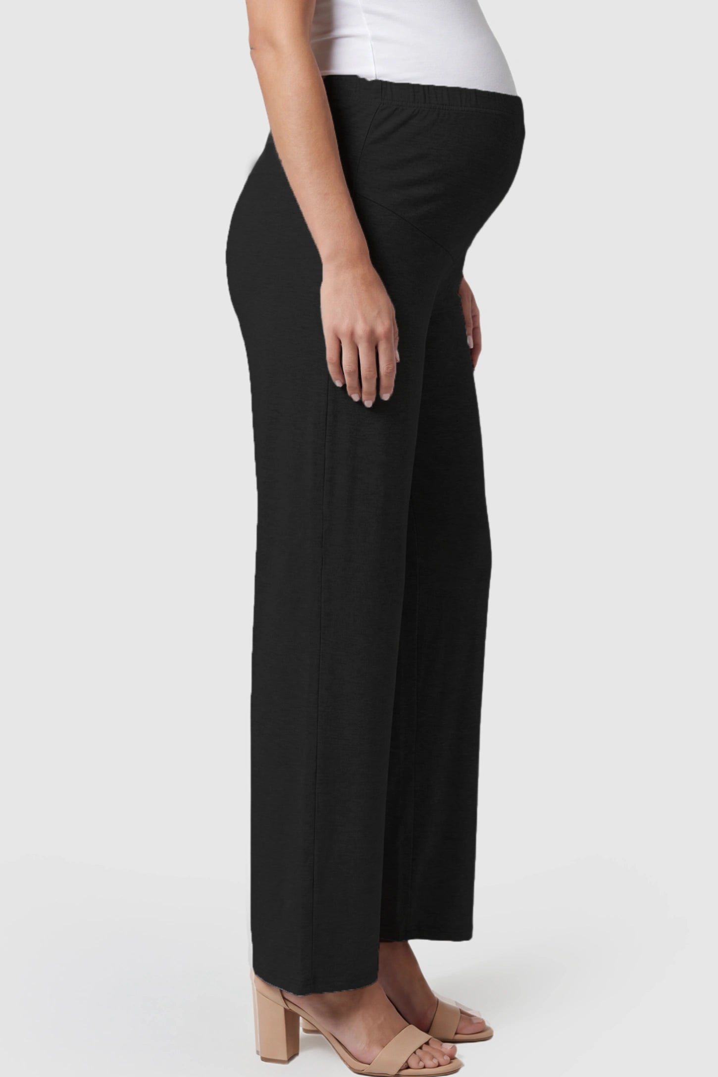 Full Panel High Waist Wide Leg Maternity Lounge Pants Full Panel High Waist Wide Leg Maternity Lounge Pants in Black featuring a High-elasticity waistband on a pregnant model.