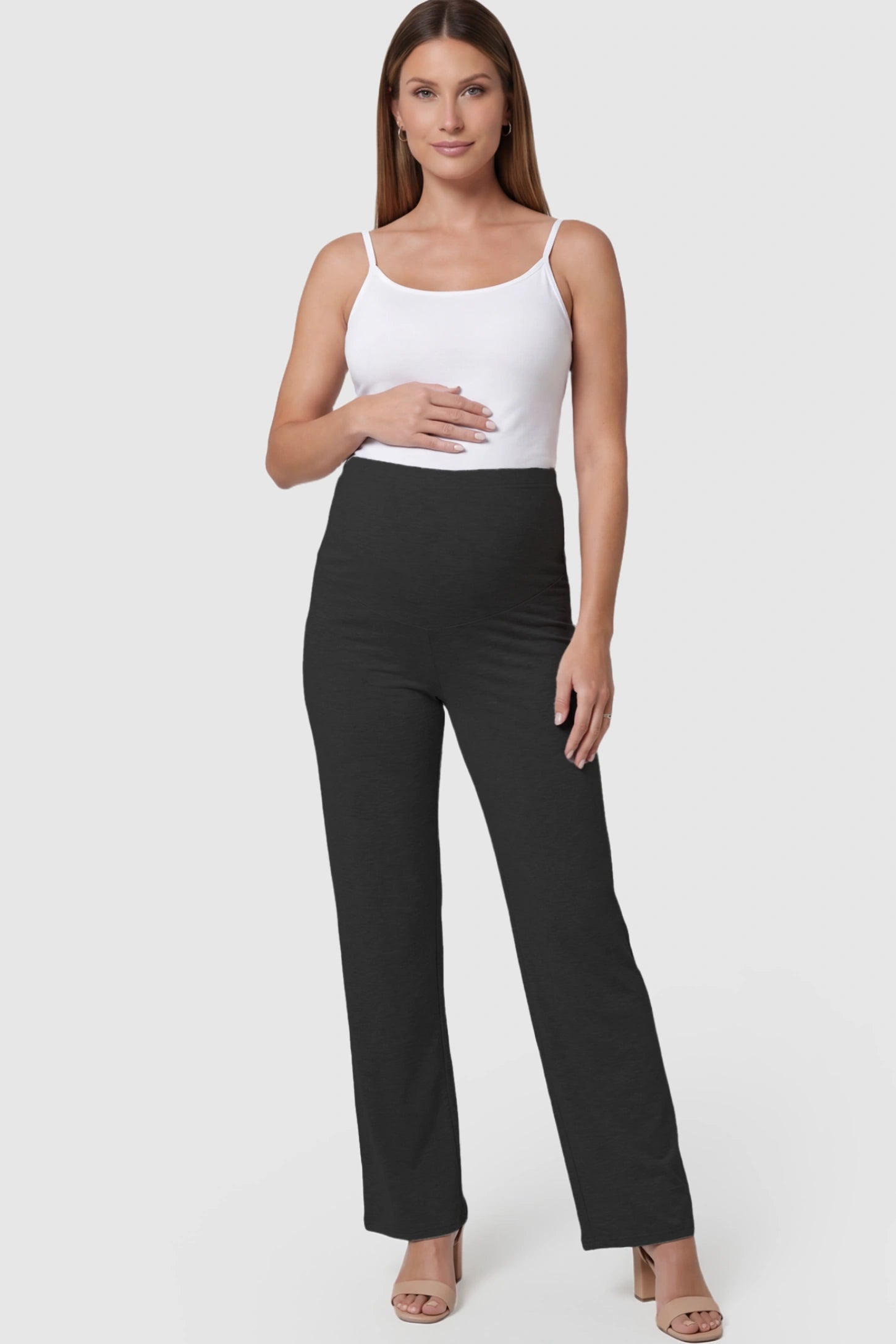 Full Panel High Waist Wide Leg Maternity Lounge Pants Full Panel High Waist Wide Leg Maternity Lounge Pants in Black featuring a High-elasticity waistband on a pregnant model.