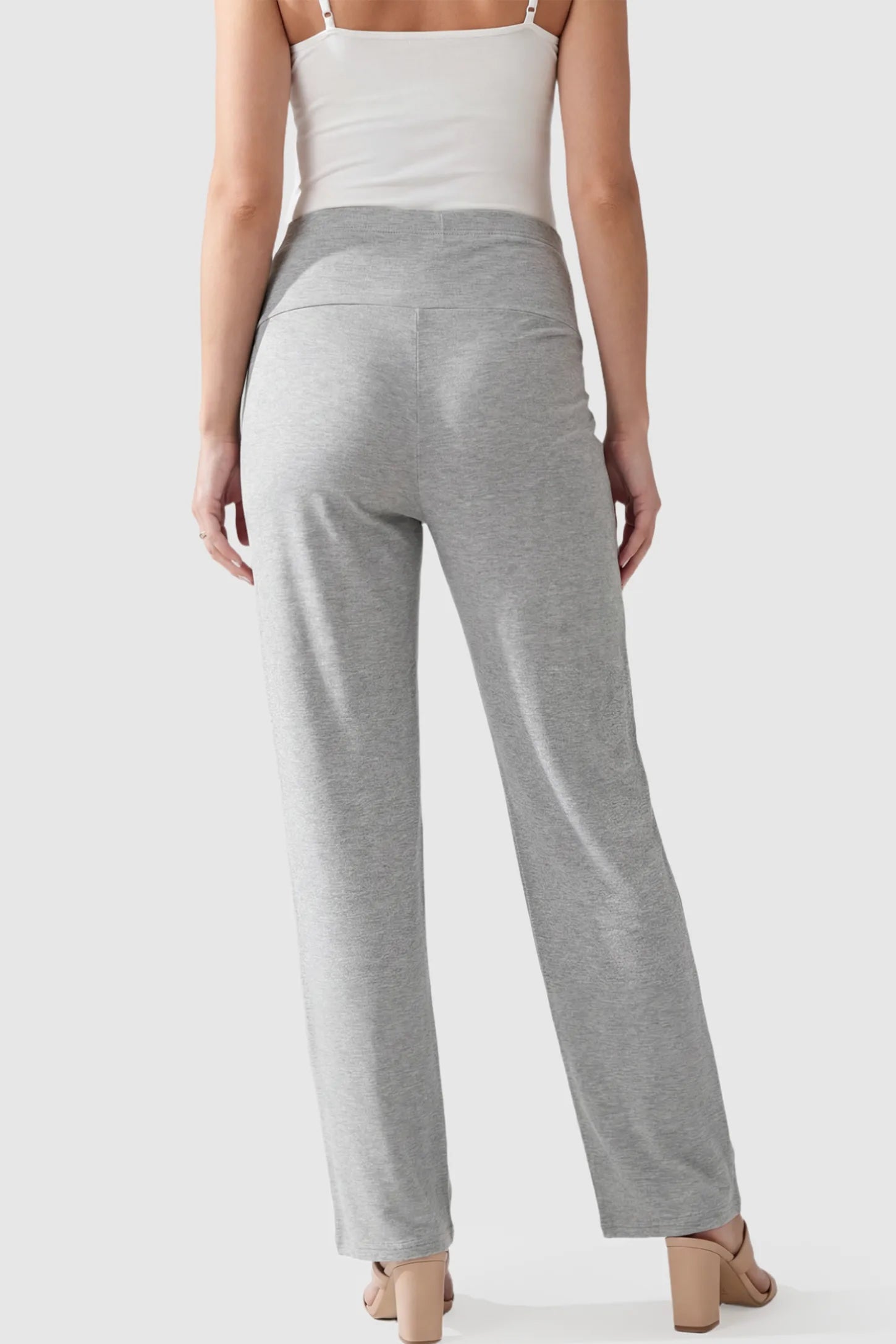 Full Panel High Waist Wide Leg Maternity Lounge Pants Full Panel High Waist Wide Leg Maternity Lounge Pants in Gray on a pregnant model.
