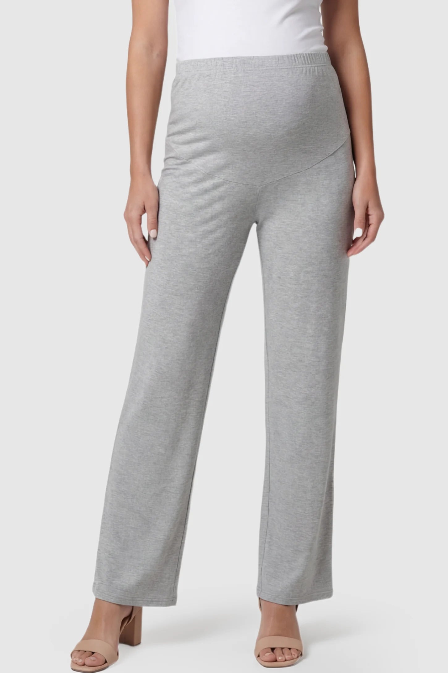 Full Panel High Waist Wide Leg Maternity Lounge Pants in Gray featuring a High-elasticity waistband on a pregnant model.