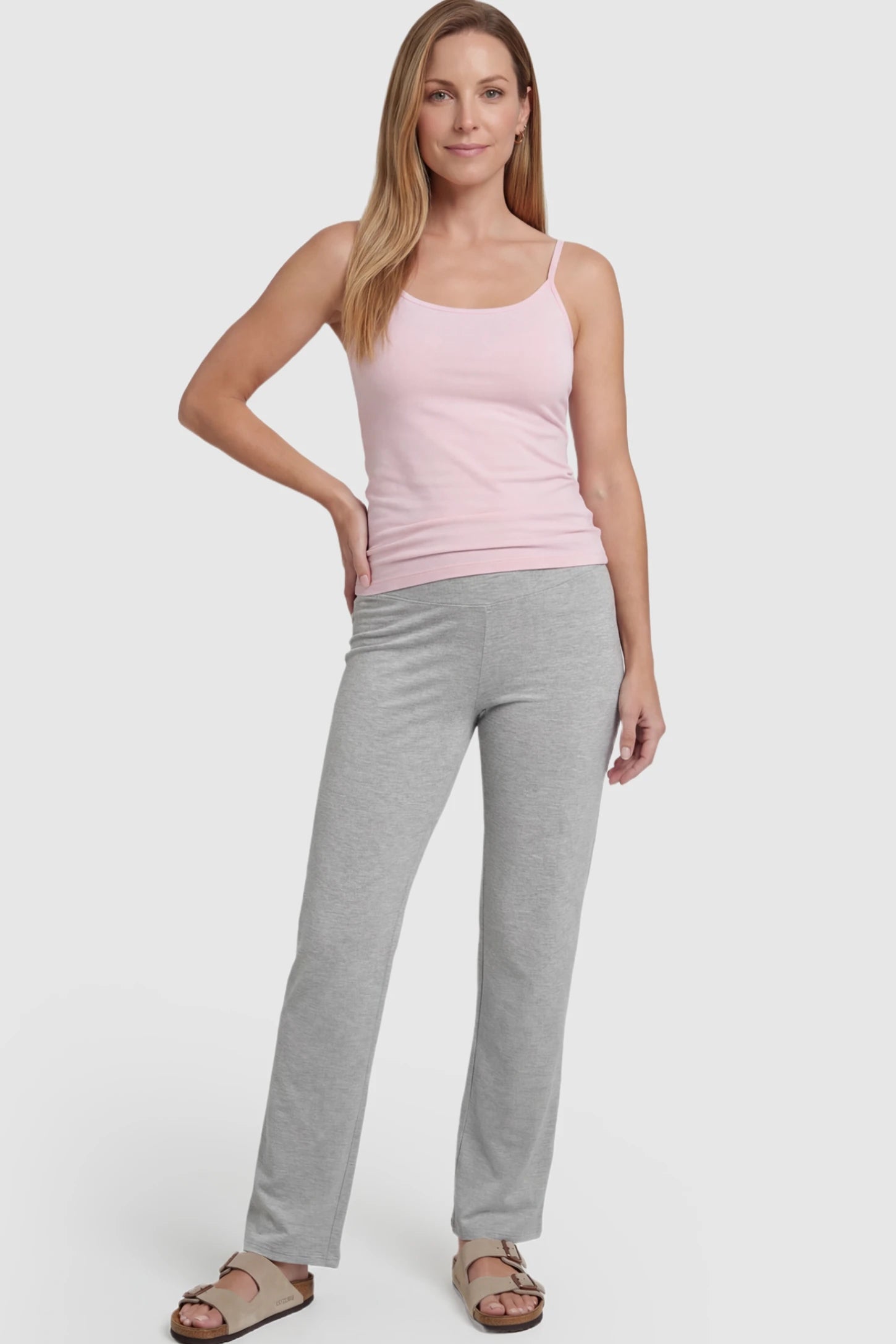 Full Panel High Waist Wide Leg Maternity Lounge Pants Full Panel High Waist Wide Leg Maternity Lounge Pants in Gray featuring a High-elasticity waistband on a postpartum model.
