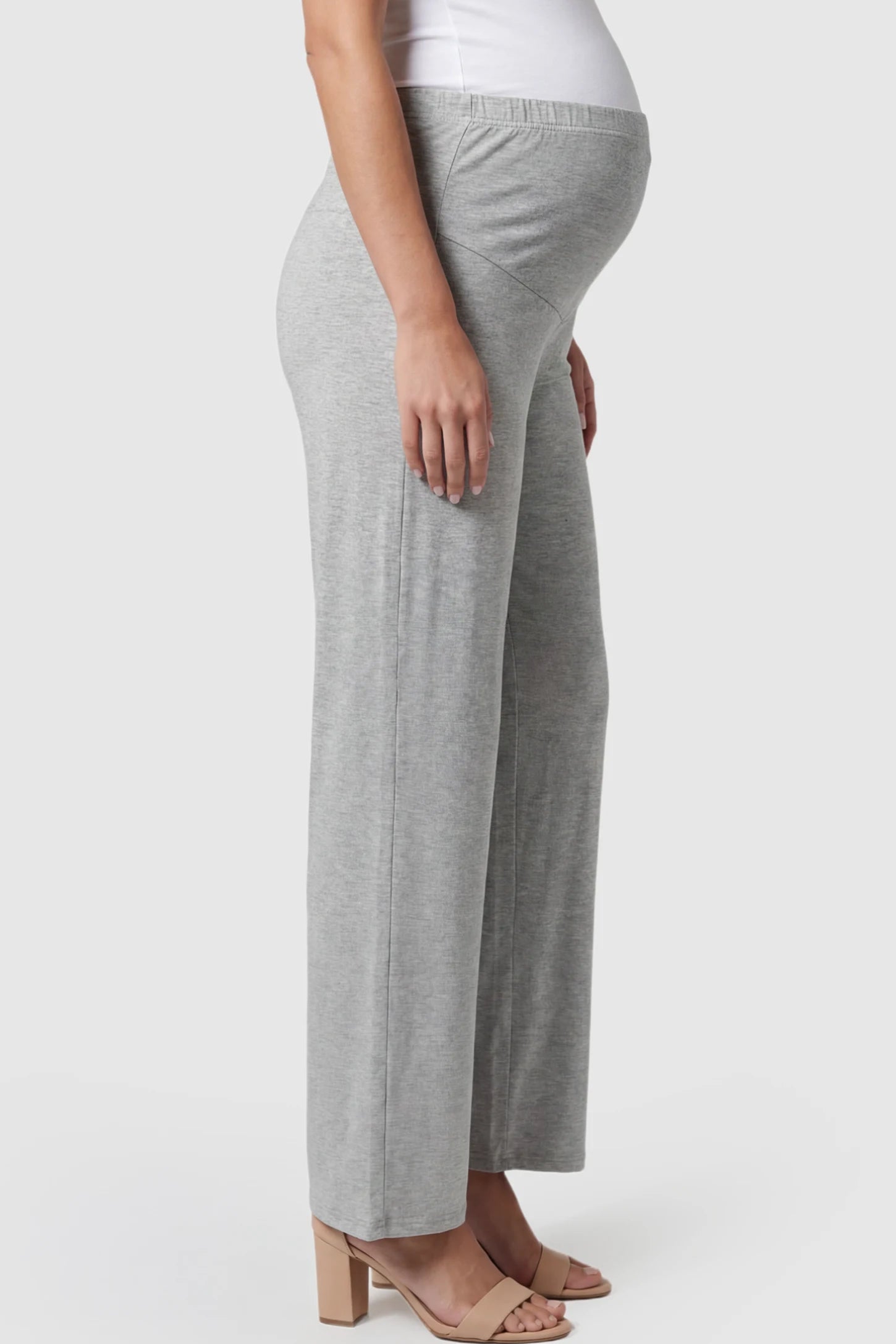 Full Panel High Waist Wide Leg Maternity Lounge Pants Full Panel High Waist Wide Leg Maternity Lounge Pants in Gray featuring a High-elasticity waistband on a pregnant model.