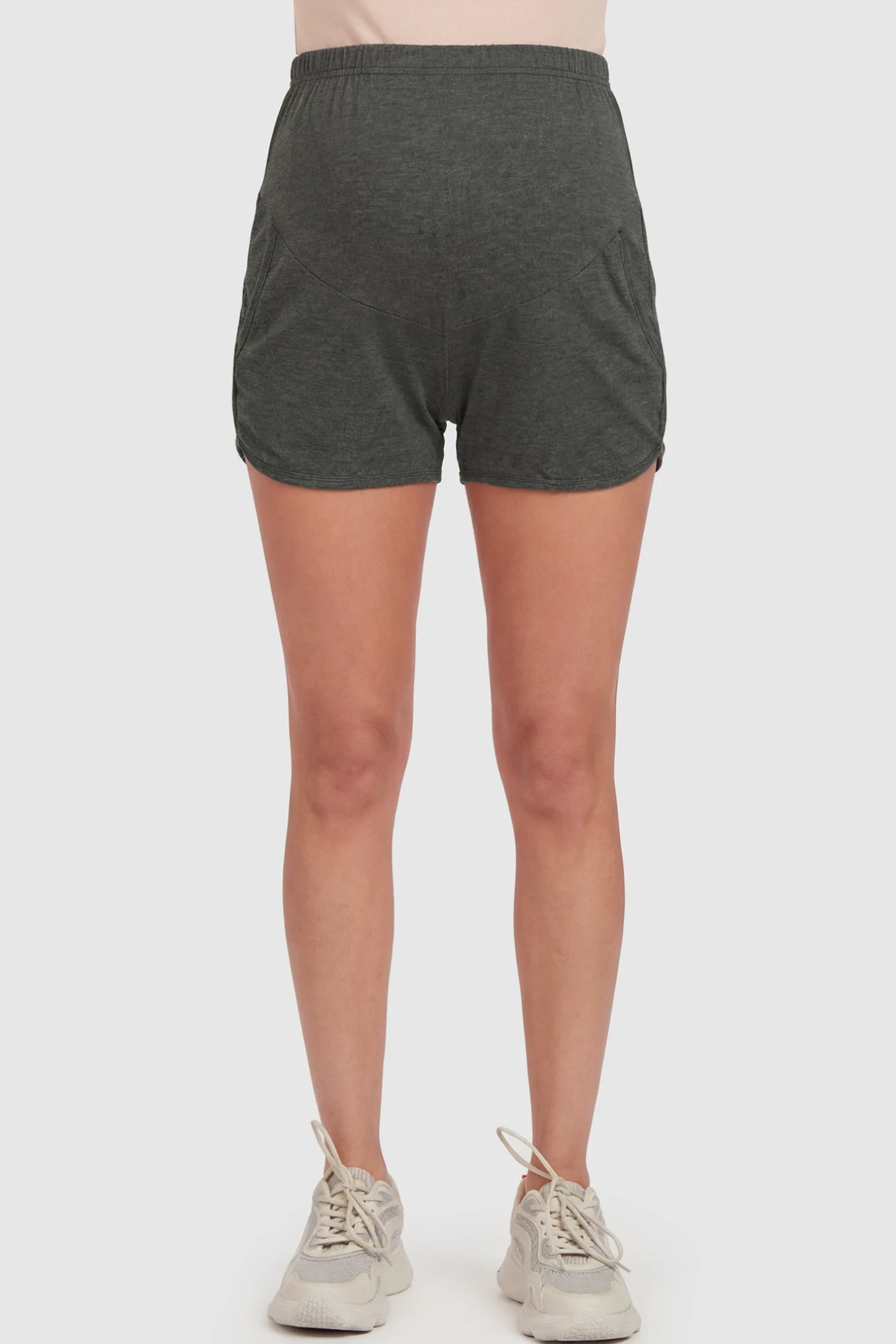Full Panel Maternity Lounge Shorts in Gray featuring a dolphin hem on a pregnant model.