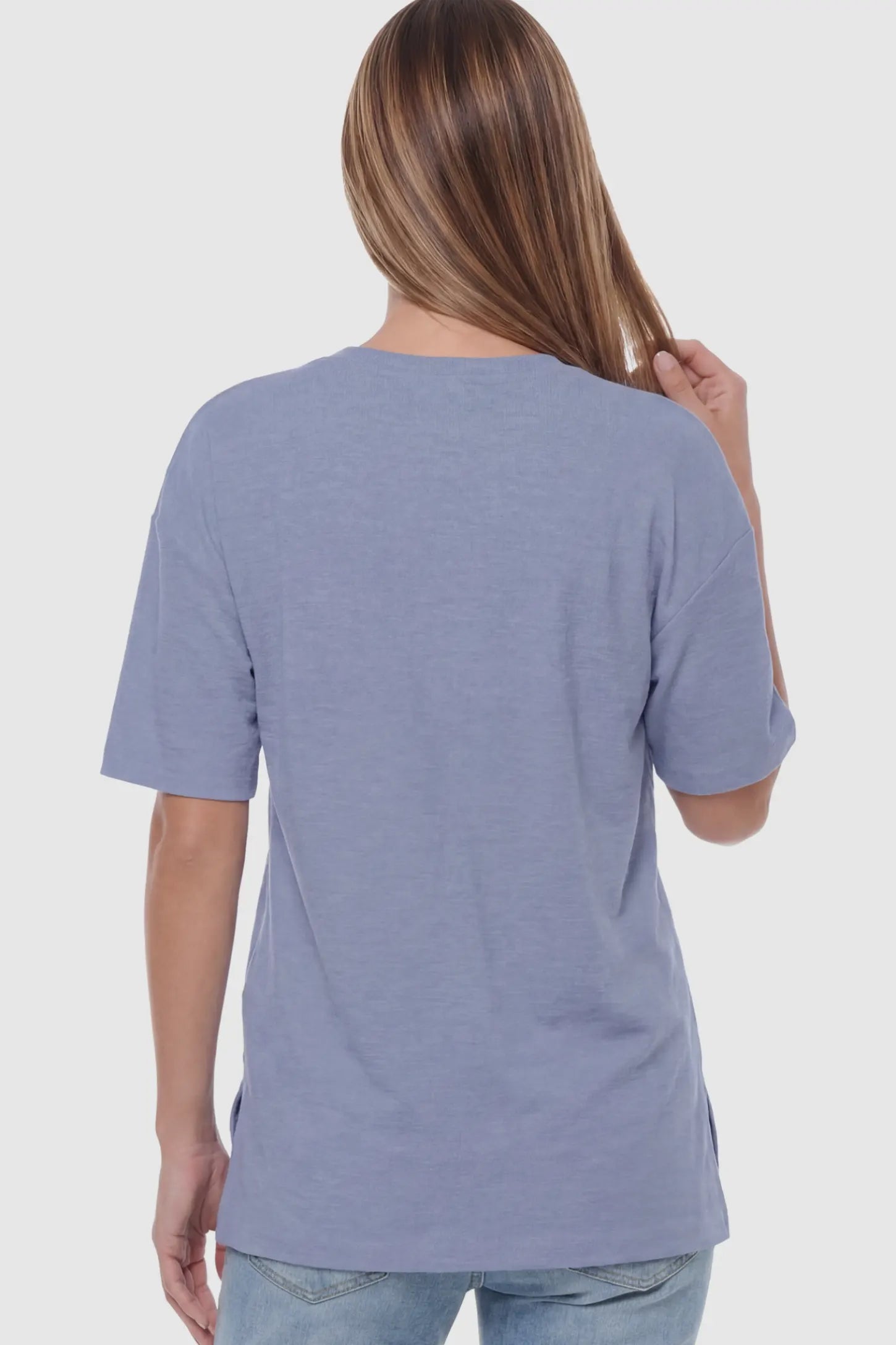 Oversized Short Sleeve Maternity T-Shirt Textured Oversized Short Sleeve Maternity T-Shirt in Light Blue on a model.