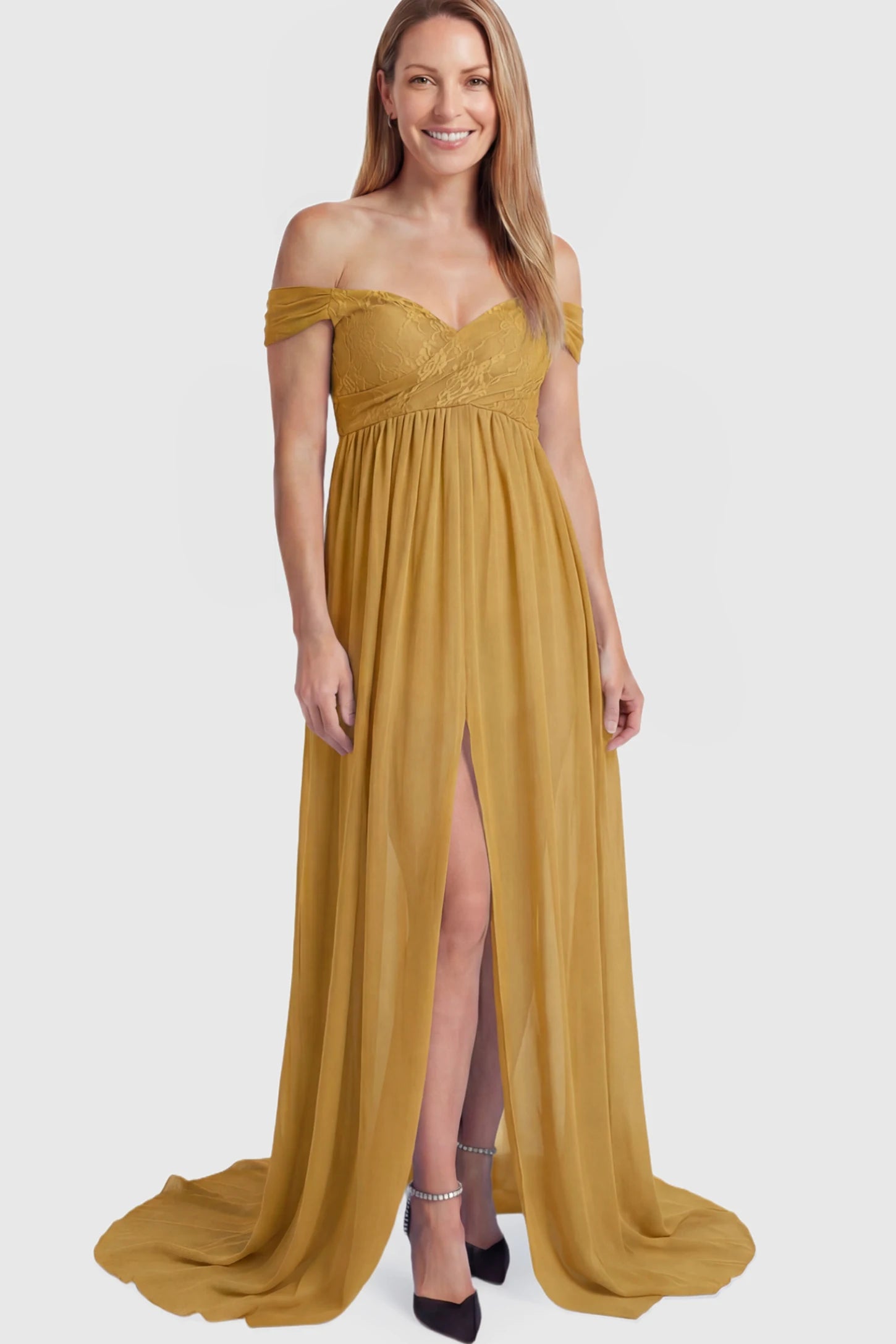 Lace Off Shoulder Slit Front Maternity Photoshoot Gown Lace Off Shoulder Slit Front Maternity Photoshoot Gown in apricot yellow featuring a flowy chiffon opening on a postpartum model.