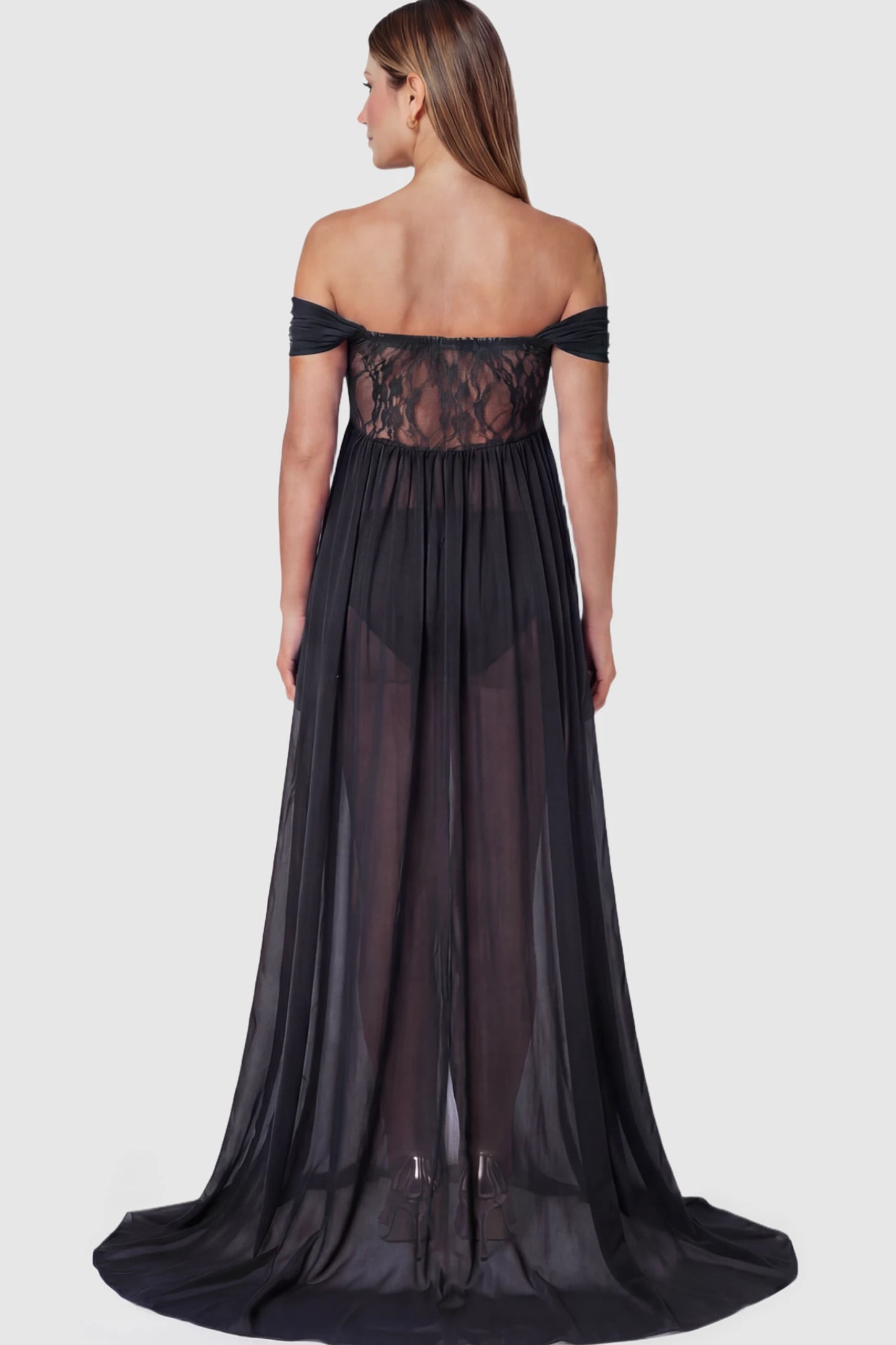 Lace Off Shoulder Slit Front Maternity Photoshoot Gown Lace Off Shoulder Slit Front Maternity Photoshoot Gown in black on a pregnant model.