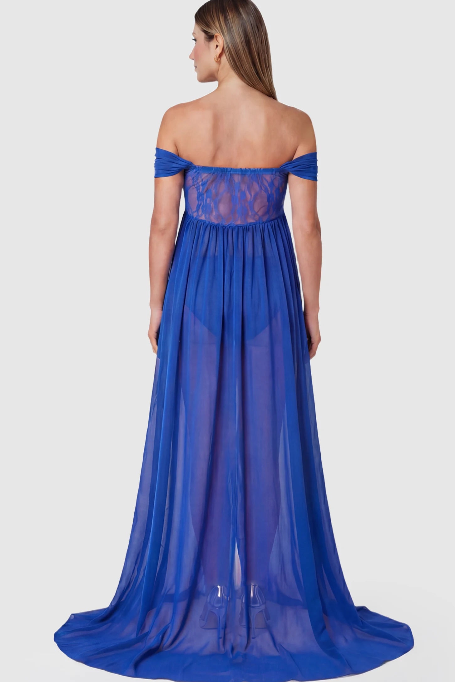 Lace Off Shoulder Slit Front Maternity Photoshoot Gown Lace Off Shoulder Slit Front Maternity Photoshoot Gown in blue on a pregnant model.