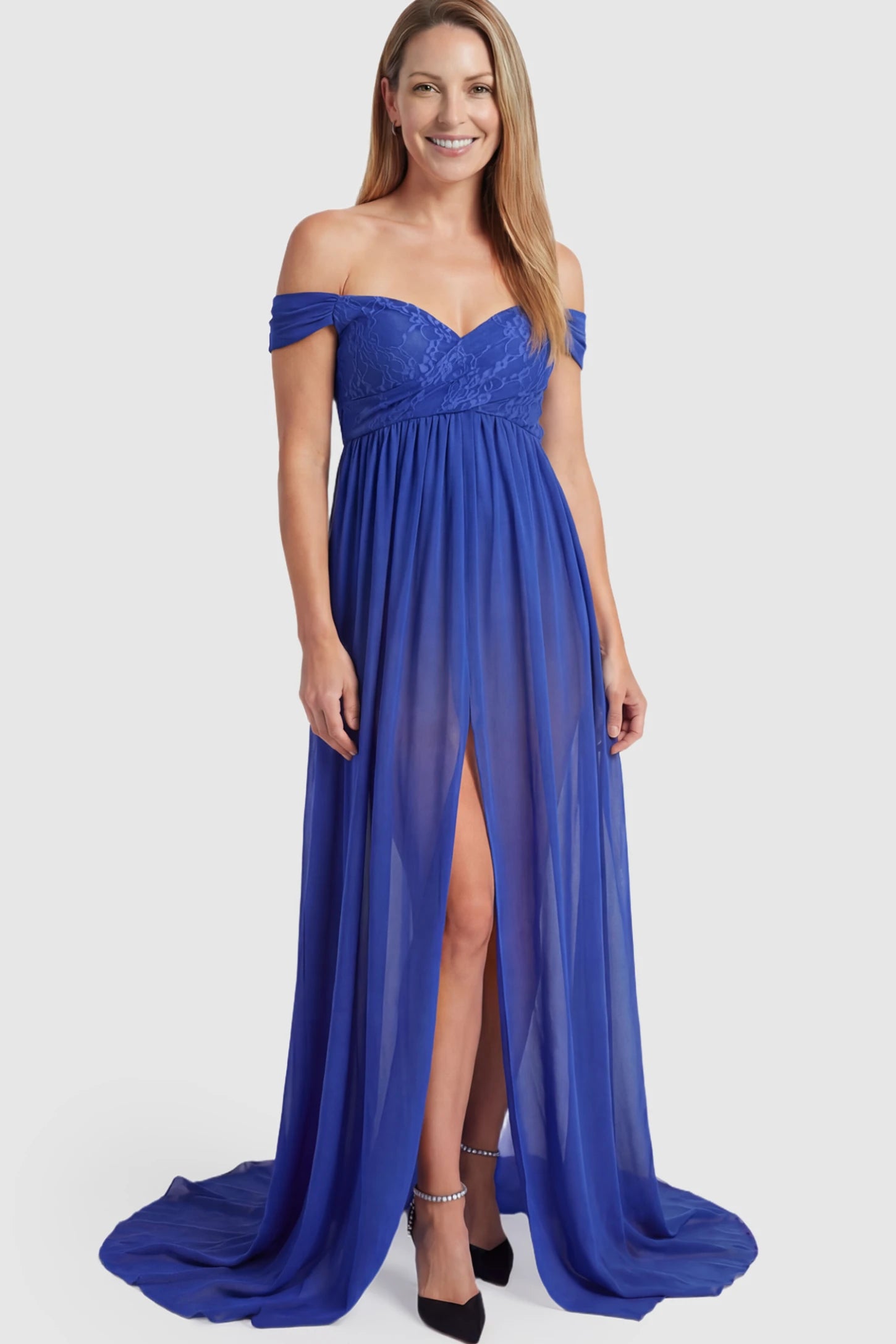Lace Off Shoulder Slit Front Maternity Photoshoot Gown Lace Off Shoulder Slit Front Maternity Photoshoot Gown in blue featuring a flowy chiffon opening on a postpartum model.