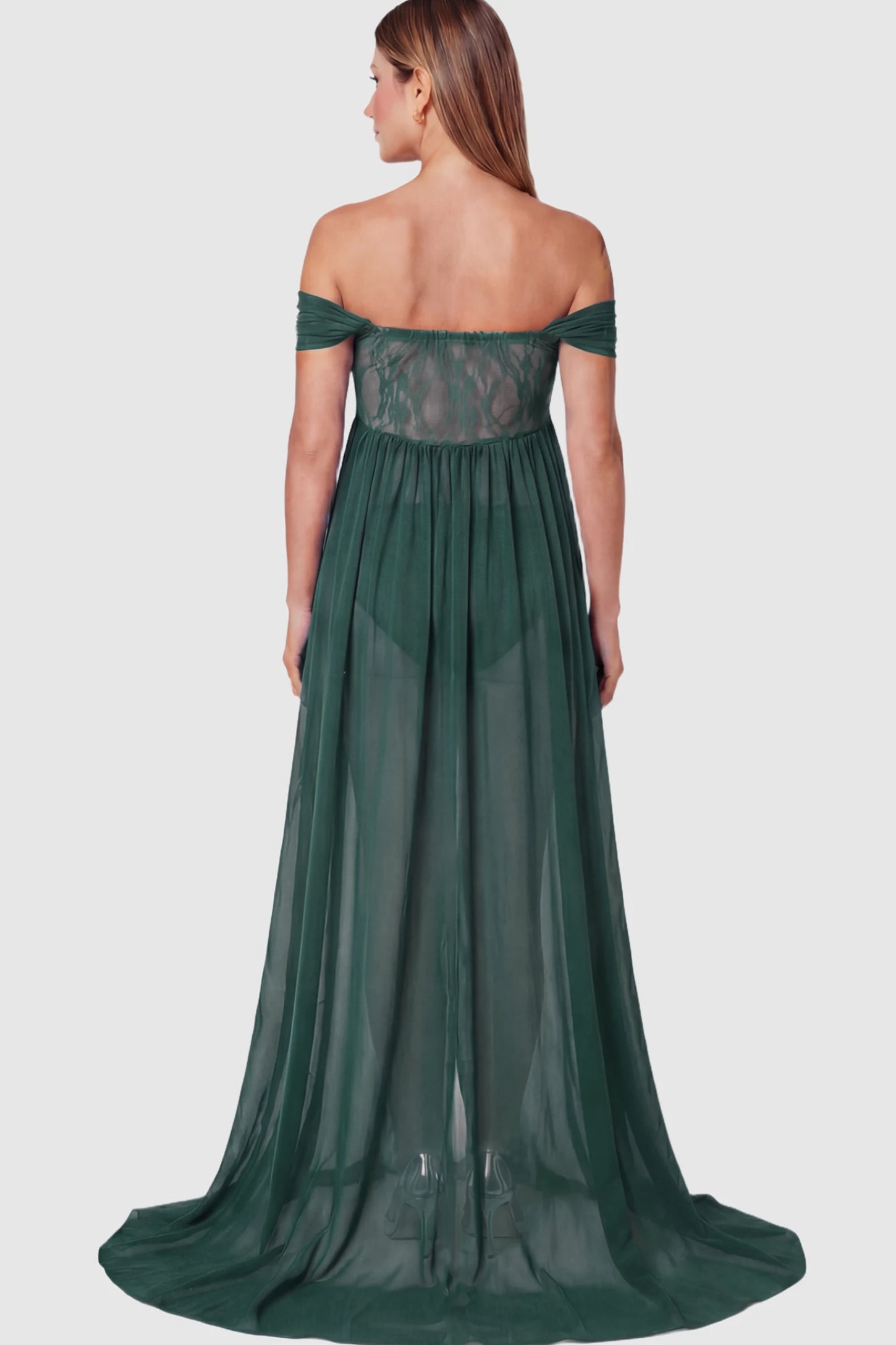 Lace Off Shoulder Slit Front Maternity Photoshoot Gown Lace Off Shoulder Slit Front Maternity Photoshoot Gown in dark green on a pregnant model.
