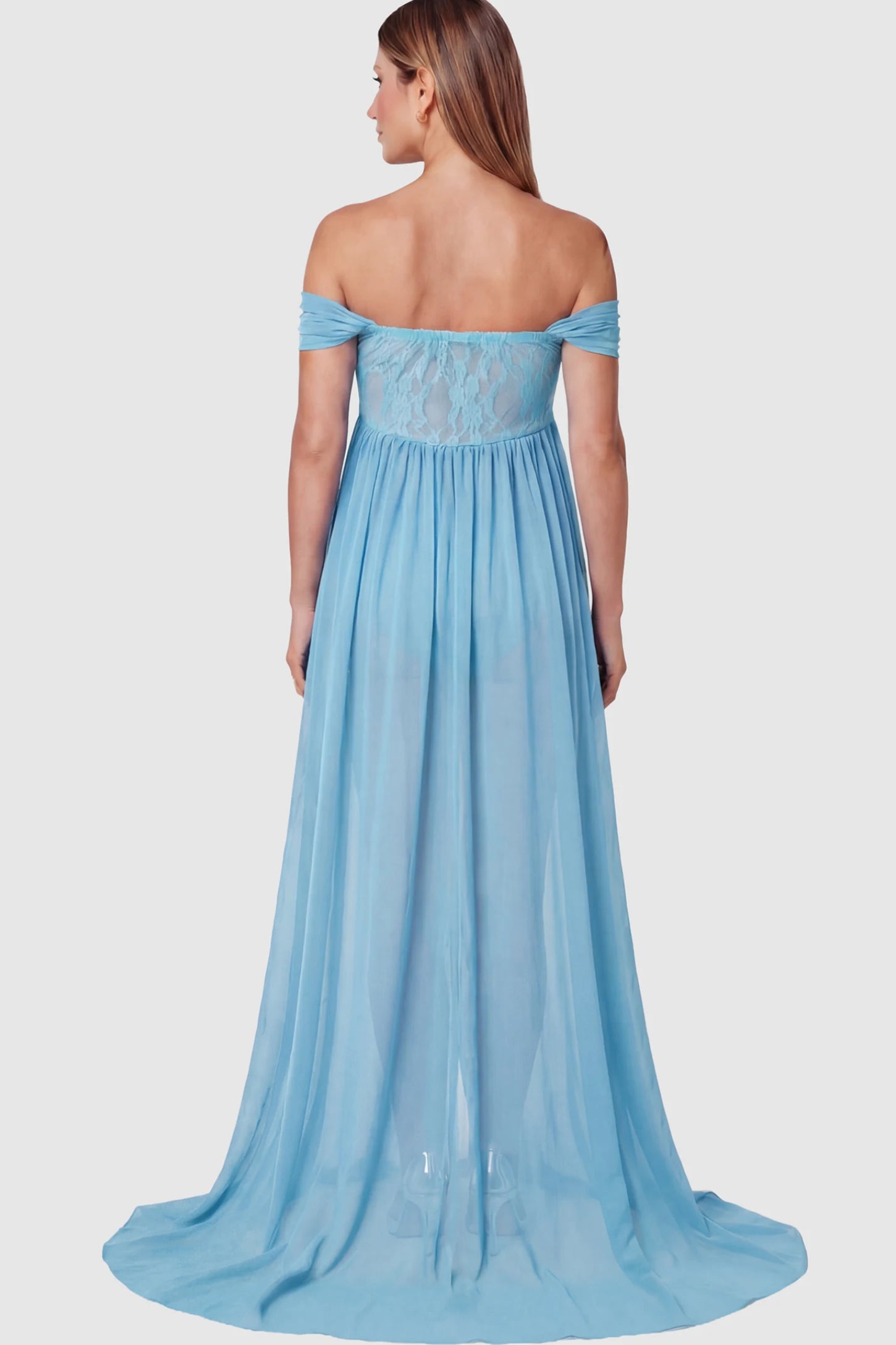 Lace Off Shoulder Slit Front Maternity Photoshoot Gown Lace Off Shoulder Slit Front Maternity Photoshoot Gown in light blue on a pregnant model.