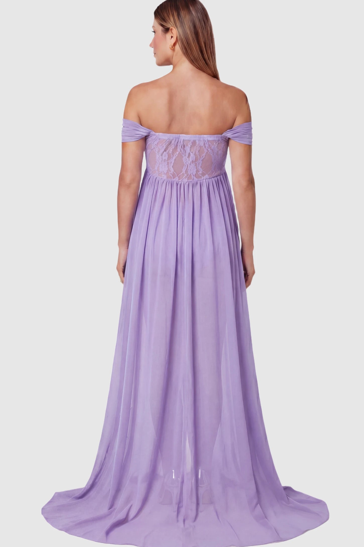 Lace Off Shoulder Slit Front Maternity Photoshoot Gown Lace Off Shoulder Slit Front Maternity Photoshoot Gown in light purple on a pregnant model.